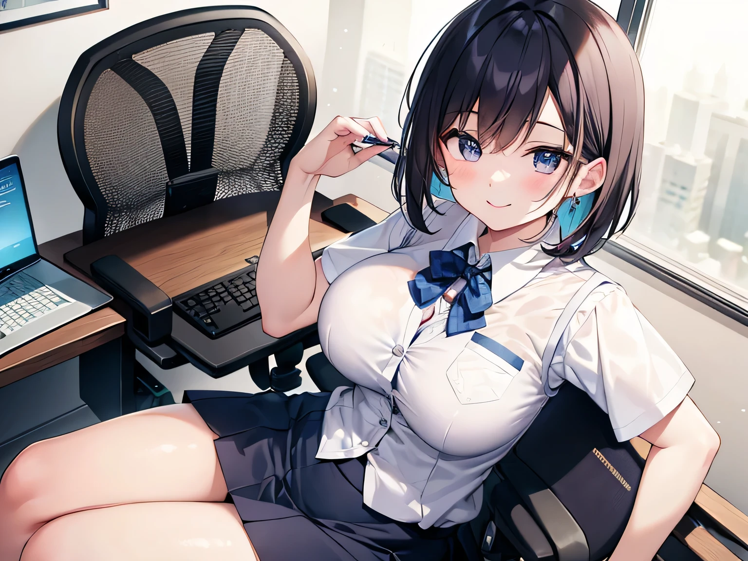 naughty a sexy anime girl in a short skirt on a stool, 1girl, underwear, skirt, breasts, solo,desk, sitting, panties, bra, crossed legs, cleavage, looking at viewer, black skirt, collared shirt, side-tie panties, thighs, bra, smile, indoors, bra visible through clothes, large breasts, white shirt, shirt tucked in, panties, office, office lady, blue eyes