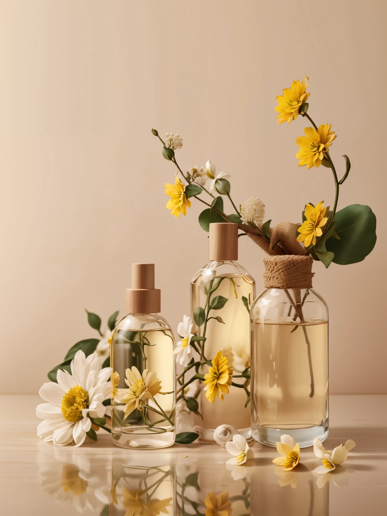 cosmetics, simple background, flower, 1bottle, yellow flower