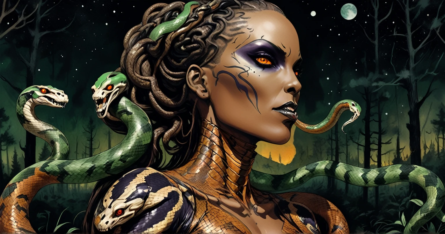 Medusa, splash page decompressed comic cover art, ink style figure,((expressive Joelle Jones and "Sean Gordon Murphy" comic drawing)), wordless, cinematic poster, double exposure, optical illusion, image within image, abyss void black no visibility darkness, full length portrait, (background, pine barrens, entropy, rewilding, magic hour sunset, galaxy stars, cosmos), (horror, abstract, surreal, body, cosmic), candid, snake skin dress, morphology anatomy drawn Frederic Delavier musculature anatomical illustration, (face, ornate black metal corpse paint, resembles Grace Jones), (body, Naga, snakefolk, lower body snake tail, snake woman hybrid, bald, hairless, skeleton, snake skin tattoos, piercing eyes, snake pupils, over the shoulder), (colors, bleak muted deep fiery radiant glowing ROYGBIV, forest green, earth brown), craftsmanship nuance, (Gerardo Zaffino charcoal), subliminal orchids, nyctophobia, silhouette