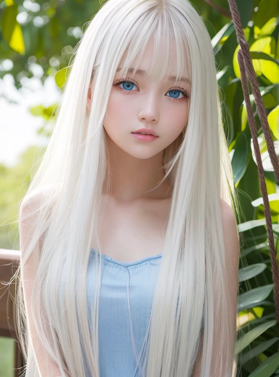 Outdoor、Swinging bangs、Very beautiful 16 year old cute girl、Young and beautiful white skin、Sexy and very beautiful、A very pretty face with ultimate beauty、Super long platinum blonde hair、Smooth, long, straight hair、Big, clear, blue eyes、Eyeliner、