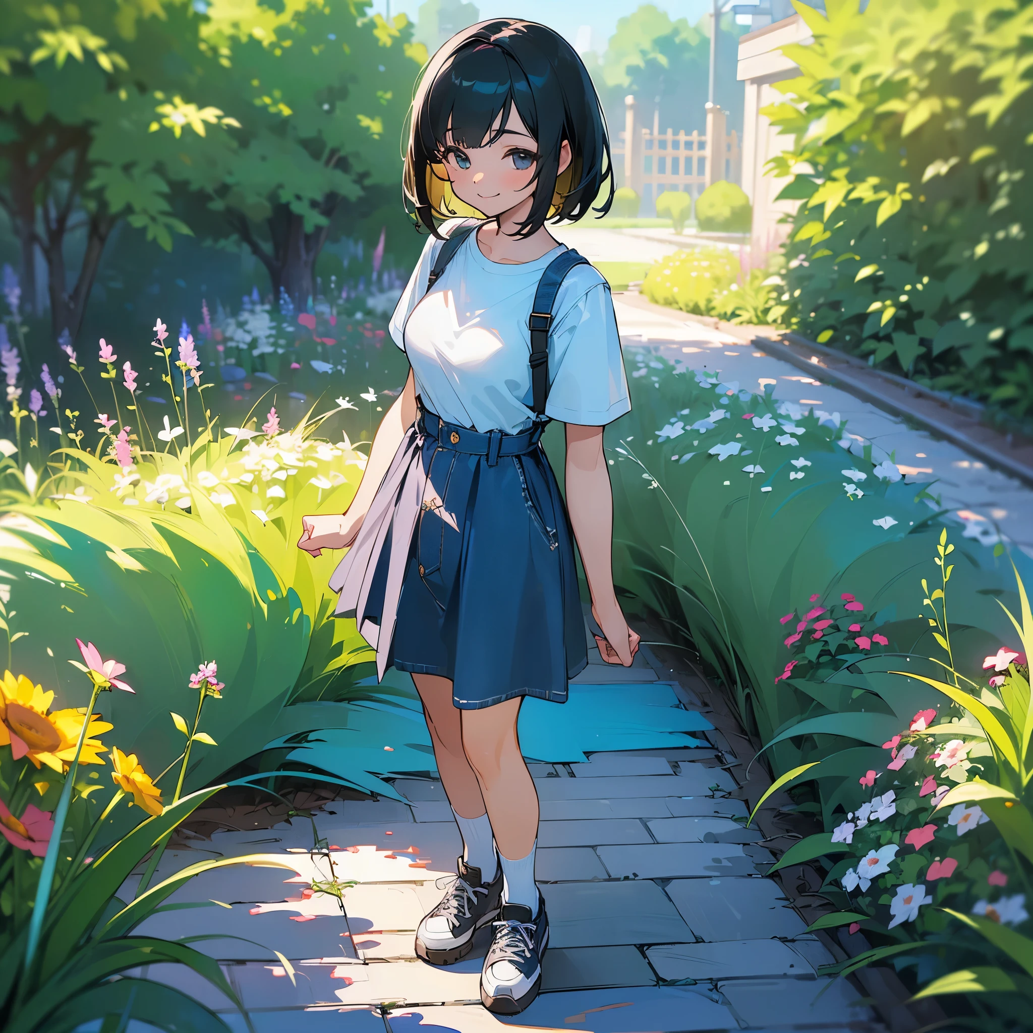 (high quality, High resolution, Very detailed, reality:1.37), Peaceful atmosphere, (Outdoor, garden), girl standing alone, (my breasts are big.), Beautiful detail features, Cute Smile, (Black bob hair), Short sleeve shirt, Denim skirt, Blue socks, sneakers.