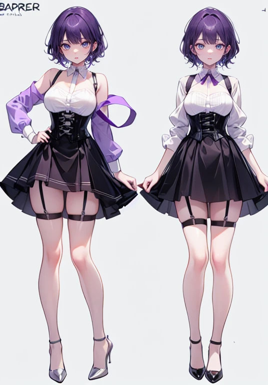 Purple Hair,Shortcuts,Adult female,(((bartender))),((Body Harness)),((Rolling up your sleevesYshirt)),(corset),mini skirt(Short skirt),((garter belt)),High heels,((Simple Background)),smile,((Full Body)),((full body)),((whole body)),Character Sheet,