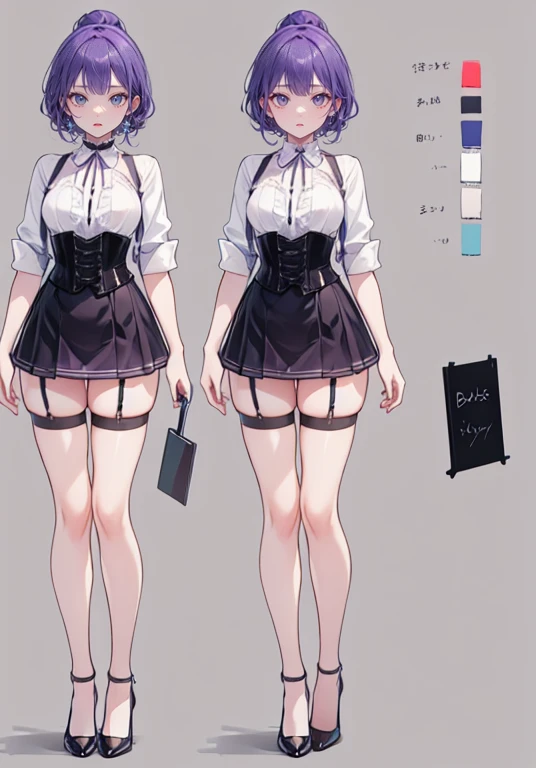 Purple Hair,Shortcuts,Adult female,(((bartender))),((Body Harness)),((Rolling up your sleevesYshirt)),(corset),mini skirt(Short skirt),((garter belt)),High heels,((Simple Background)),smile,((Full Body)),((full body)),((whole body)),Character Sheet,