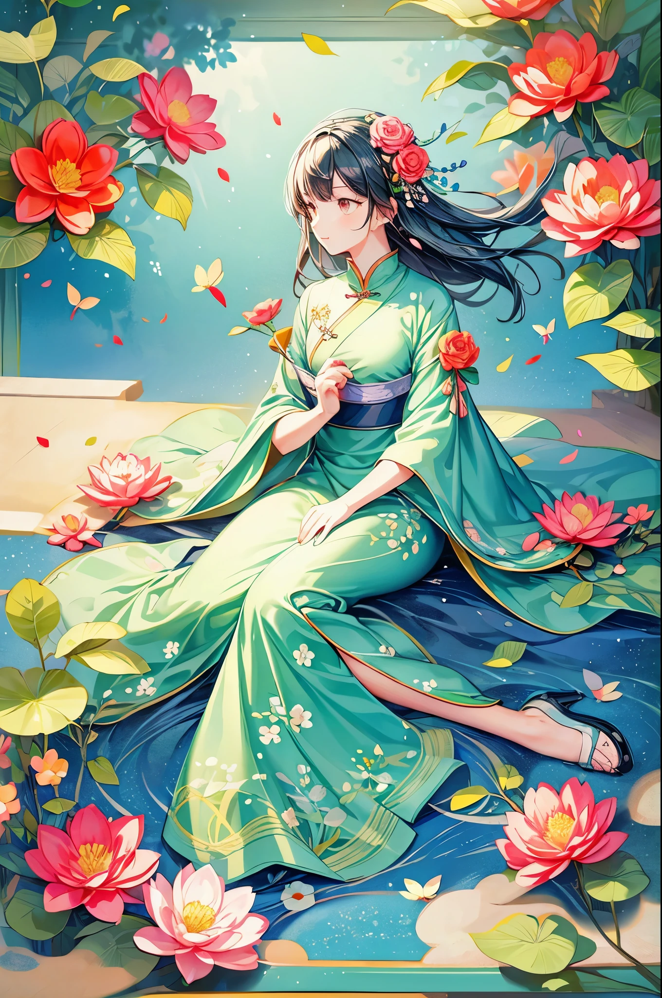 A little retro color,flat,,Rice Print Style,figure,Lovely,Leave blank,Low Saturation,Lots of flowers,Arranged individually,leaf,branch,printing, Stickers,Random Distribution,Lovely风格, Color Guide,graphic design,Carpet Pattern,(Plain background)