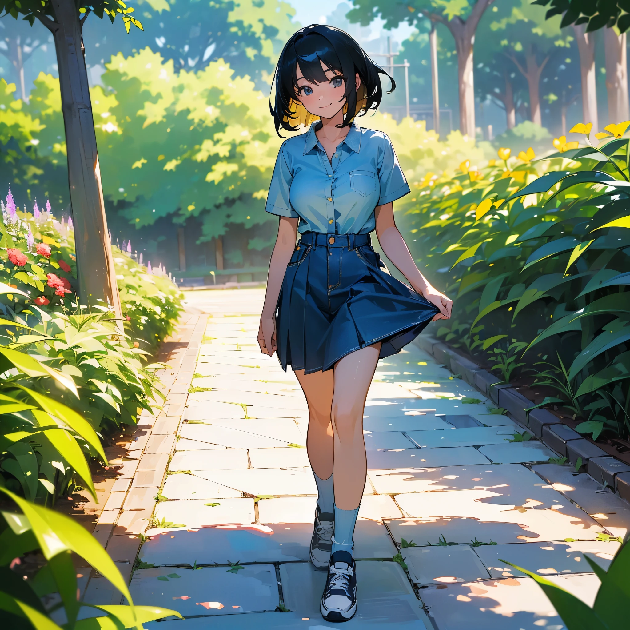 (high quality, High resolution, Very detailed, reality:1.37), Peaceful atmosphere, (Outdoor, garden),  girl standing alone, (my breasts are big.), Beautiful detail features, Cute Smile, (Black bob hair), Short sleeve shirt, Denim skirt, Blue socks, sneakers.