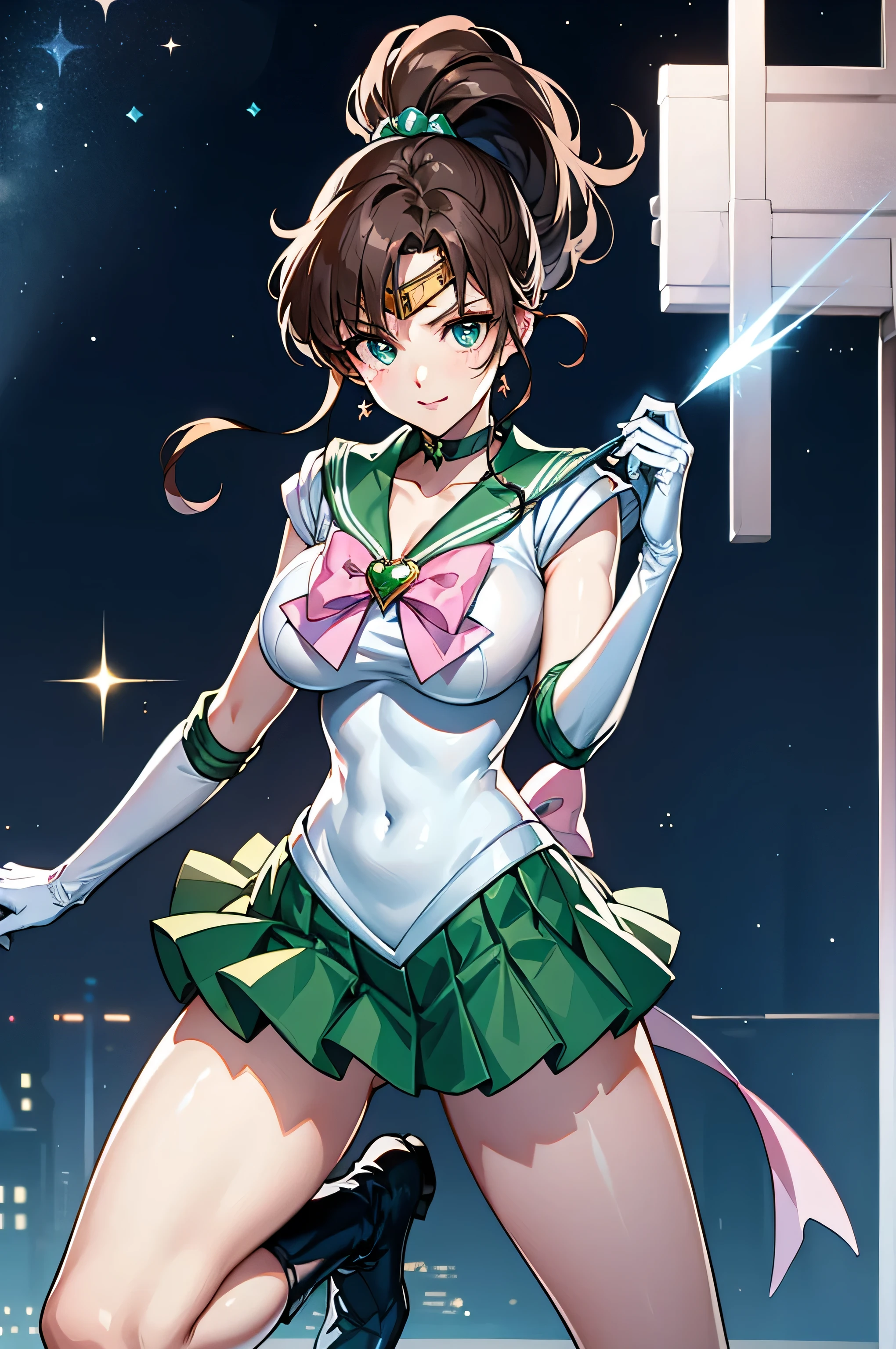 View your viewers, Have a look at this、Looking at the camera、Sailor Jupiter、Are standing、Hmph , Thigh opening、Spread your legs、Beautiful legs、Raise one leg、face exposed to light、Sparkling eyes、Vivid eyes、Clear contours、Clear contours、Clear contours、Detailed contours、blue eyes、Big eyes、Clear Eyes、Clear eyes、ponytail、Brown Hair、White leotard、White gloves、Long gloves、Pink Ribbon、Gold Tiara、Green Brooch、green sailor collar、Green mini skirt、Green pleated skirt、Green elbow pads、Green Boots、Sailor Moon、Laughter、Laughter、Proud face、Confident々face、Cute face,((Tabletop)),((highest quality)),Very detailed,Awareness-raising,Explicit,beautiful body,beautiful nose,beautiful character design,Perfect Eyes,Perfect face,wallpaper,超A high resolution,4K,photograph,(beautiful, Large Breasts:1.2),(beautiful face:1.2),(beautiful legs, Perfect Legs),Shiny skin,Official Style,One Girl,masterpiece、Best image quality、Detailed explanation、One Girl，Large Breasts、grassland、grass