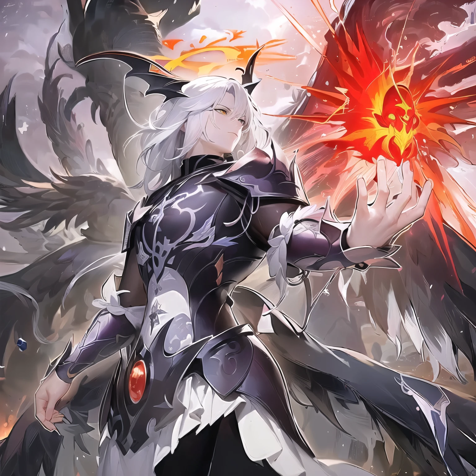 Anime characters with lightning and wings in dark background., Anime epic of a powerful man, The detailed art of Onmyoji, Epic anime artwork, god of chaos, Advanced Digital Anime Art ”, Epic anime style, beautiful male angel of death, white haired god, Godrays digital painting, &#39;&#39; phoenix wallpaper, The great great merchant Degen.