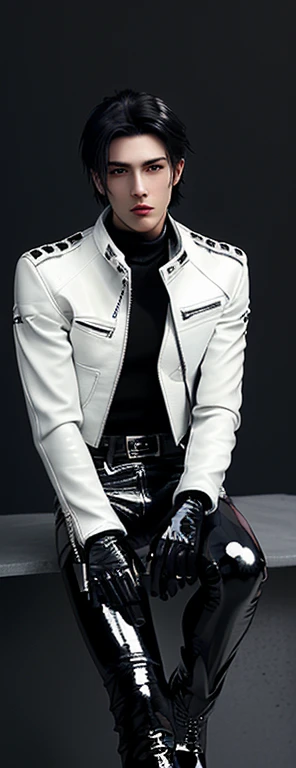 Final Fantasy-style graphics, young, Cute and cool Japanese boys, Thin eyebrows and big eyes,  He is wearing a shiny white single-breasted leather jacket........。Biker style leather jacket、 with epaulettes,  The jacket is zipped up, The jacket pockets are black., The jacket has a high stand-up collar with a belt, Also wearing a black turtleneck, Black Leather Pants, Thin black leather gloves on both hands, Black leather knee-high lace-up boots, Show me your whole body from head to toe, Final Fantasy Style、((good looking))、((good looking))、((Clear eyes and nose))、((Shiny white single leather jacket))、((The jacket must be white.))、((The jacket has epaulettes))、((Jacket has a high stand-up collar and belt))、((The jacket has a black pocket))、((Black turtleneck shirt))、((Black Leather Pants))、((Always wear shiny black leather gloves on both hands))、((Cover the entire fingers of both hands with gloves))、((Black lace-up leather long boots))、((View full-body images from a distance))、Realistic image quality and texture、In a small cell、close your eyes、A kind smile、((The front of the jacket is closed with a zipper))、((No exposed skin below the neck))、((Round face)、((Short Hair Style Edium Build))、((Upright posture))、((Don&#39;Don&#39;t sit))