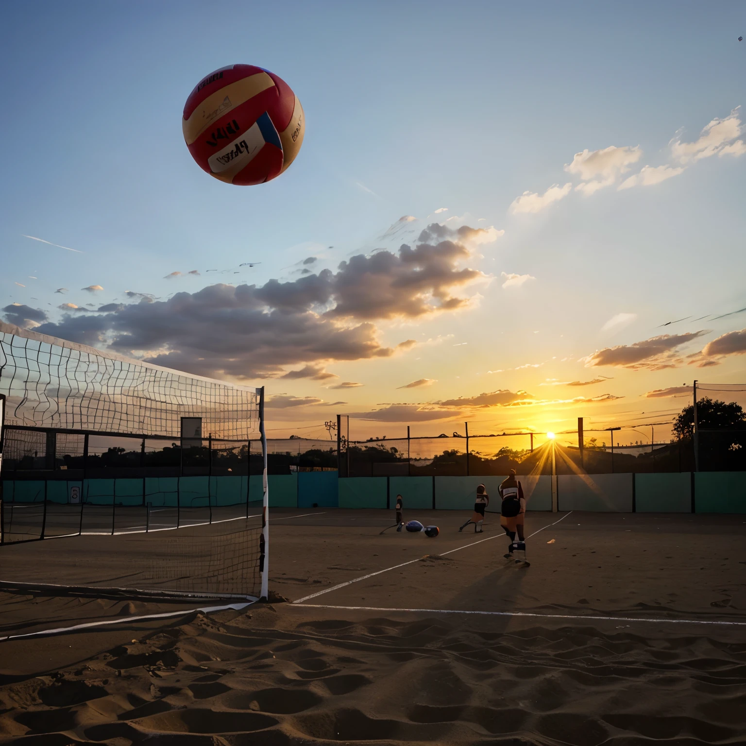 A volleyball going through the net, un atardecer de fondo