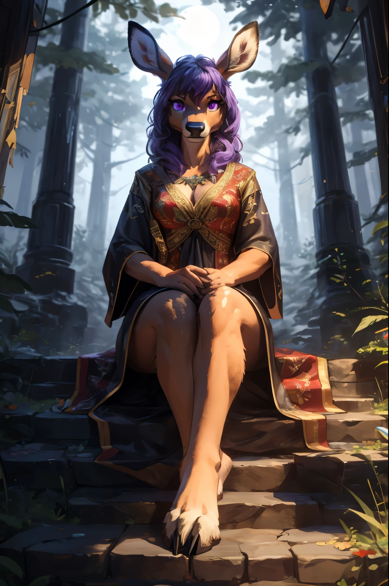 (((Barefoot furry character, full body, cinematic setting, furry female, plantigrade)))
graceful and enigmatic ((deer)) anthro with deep ((purple fur)) and captivating ((violet eyes)). Dressed in flowing, dark robes with belladonna flower motifs. The figure sits barefoot and showing ((nice feet soles)) in a moonlit forest surrounded by eerie nightshade plants, with ripe berries and ethereal moonlight casting shadows. The atmosphere evokes mystery and danger.
BREAK, detailed background, 8K, (masterpiece:1.5), intricate details, highly detailed, extreme detail, octane render, fine art, best quality, highres, (detailed face:1.5), ((full_body)), UHD, (((perfect hands))), low light