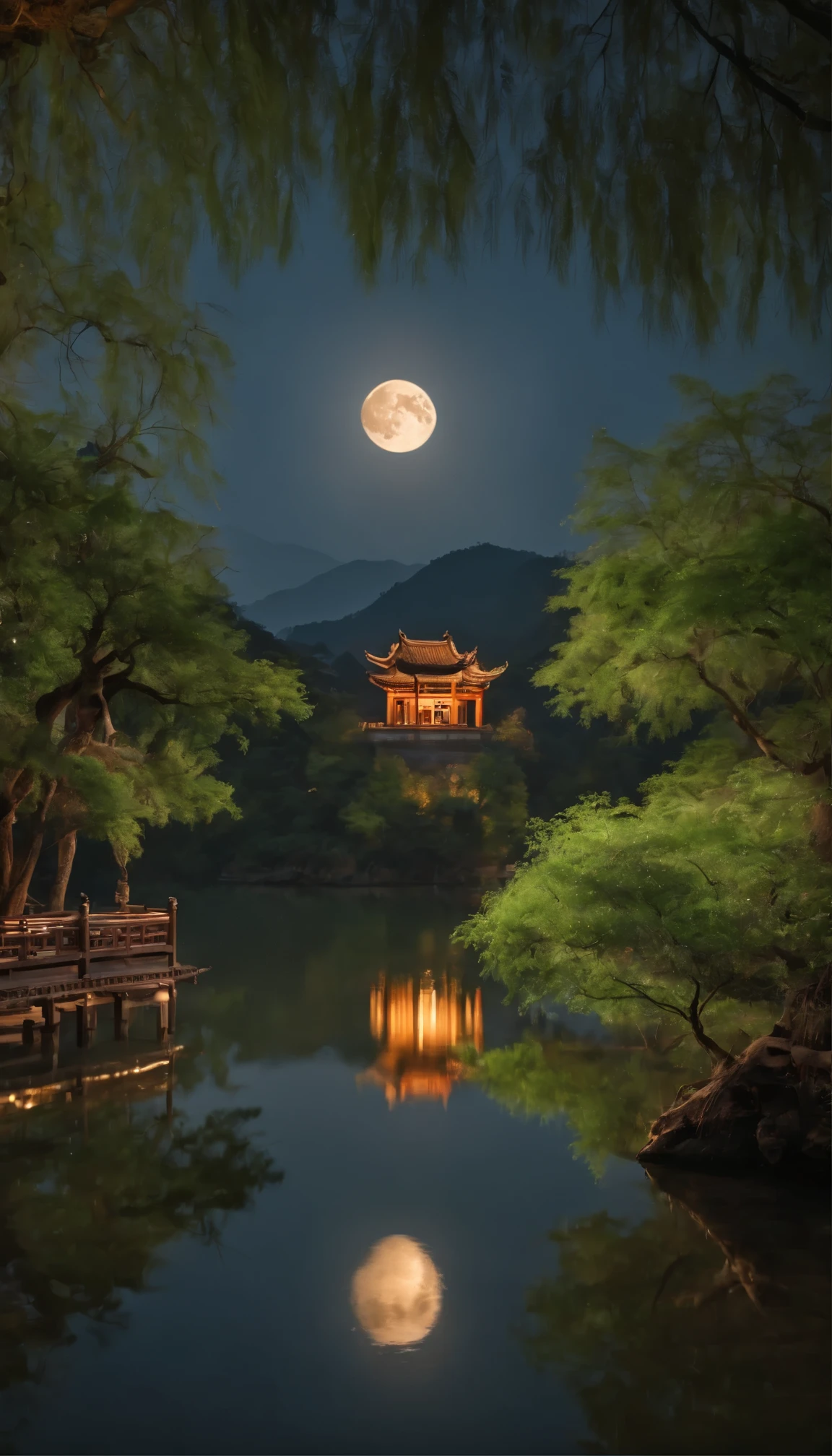 with high definition images，Ancient Chinese architecture enveloped in the silence of midnight、A hall with a tranquil garden as a backdrop々Standing there。The full moon is、A meticulously crafted building、Its intricate design、And the soft moonlight casts a gentle glow on the precise lines.。In the foreground、A stone bridge spans the crystal clear lake.、Its reflection sparkles under the moon&#39;s gaze。Bamboo stalks swaying in the night breeze、A tall silhouette of a dark tree in the distance々In contrast to。The sound of running water can be heard in the background.、Plays a soothing melody。 