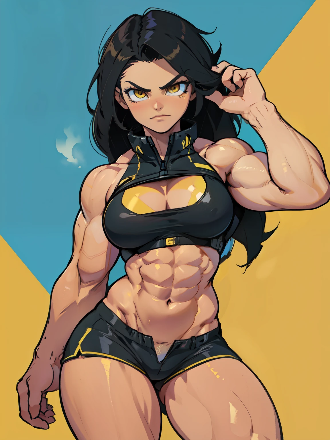 (((muscular girl toned body large breasts thick perfect anatomy))) yellow eyes black hair pale best quality