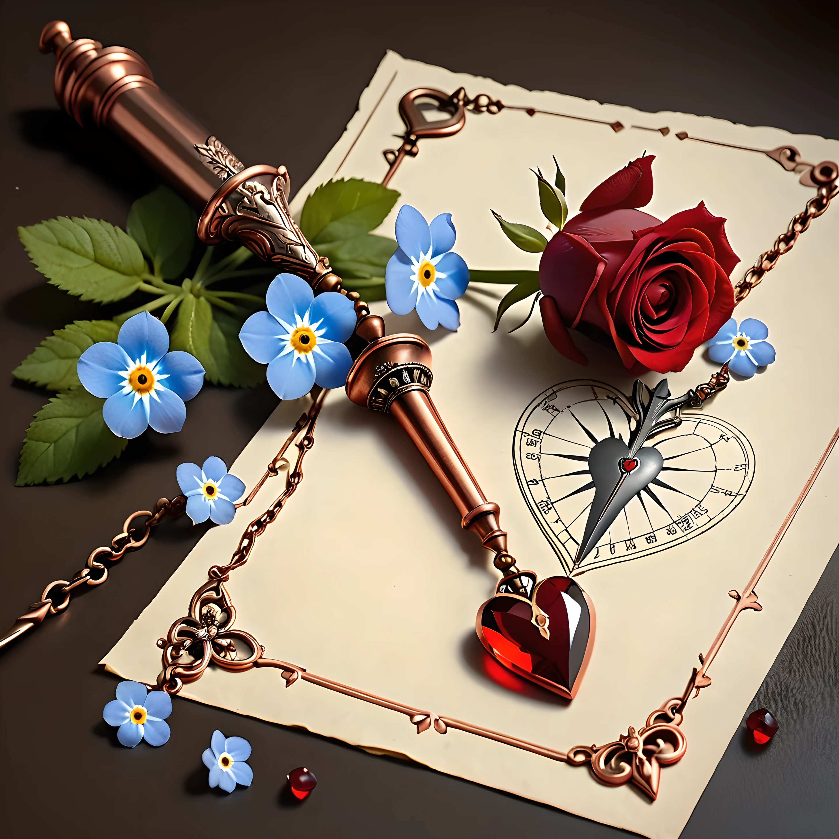 old style copper pendulum, on one side are forget-me-nots, on the other side there is one rose, against the background of a photograph of a woman and a drawing of an anatomical heart and drops of blood on paper, silver small dagger