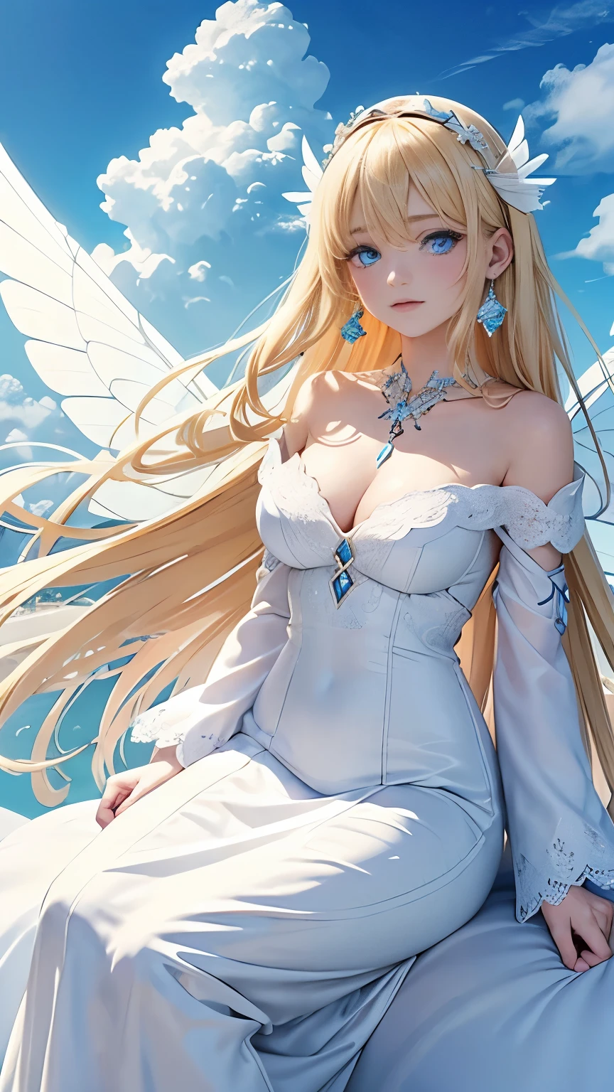 A fairy，long hair，blonde，blue eyes，jewelry，earrings，(It has large white wings on its back.)，Wearing white clothes，(Sitting on a cloud in the sky),(Sit on the clouds)，The expression is very ，Raise your head and look at the sky in the distance，Lean back，There&#39;s a little elf next to me.