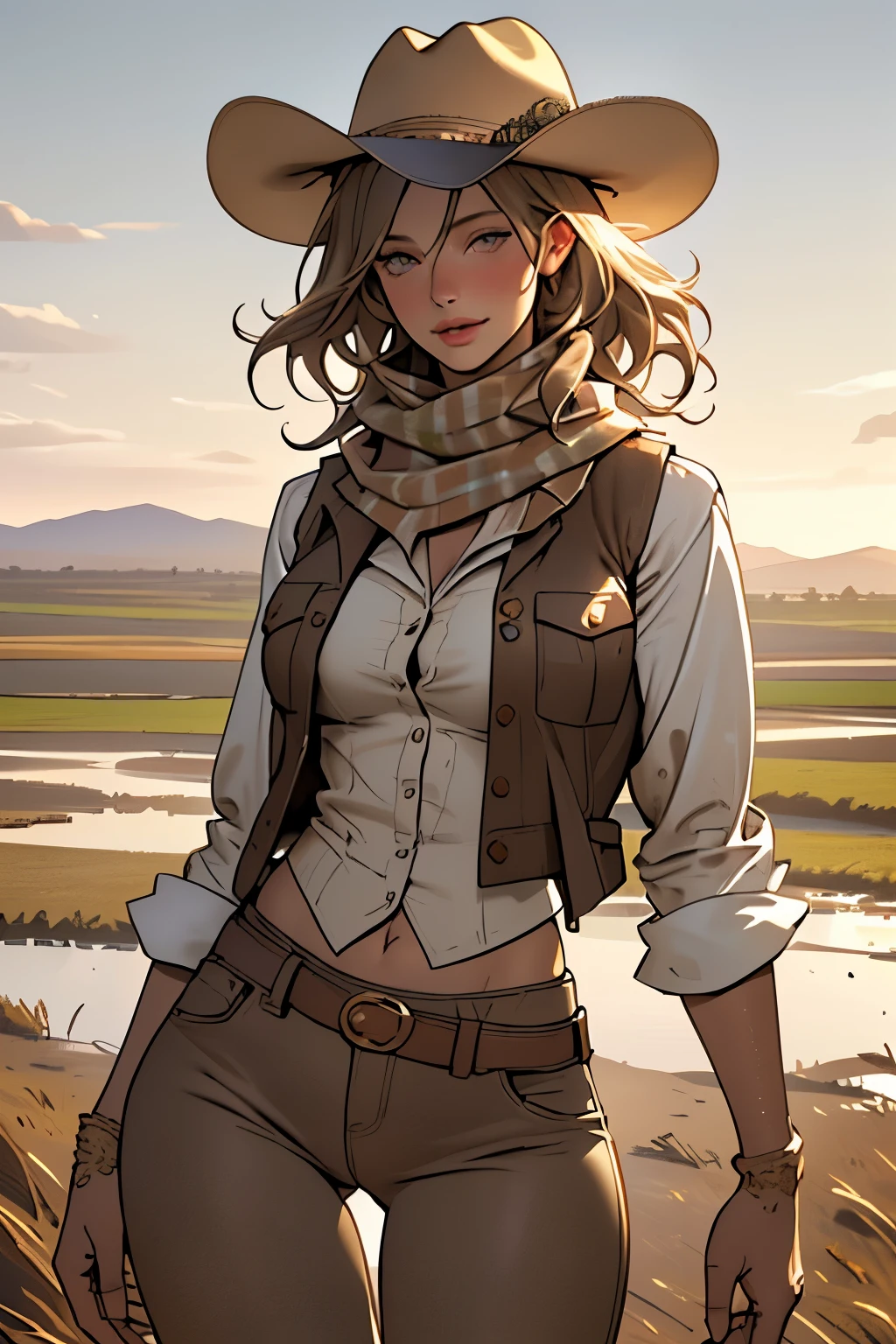 (highest quality, Super detailed, realistic:1.37), outdoor, girl, muddy, detailed and beautiful eyes, beautiful detailed lips, cowboy hat, vest with fringes, slim waist, wide hips, thigh gap, show belly, pants, scarf, With confidence, middle of chest, dusty farm landscape, golden hour lighting