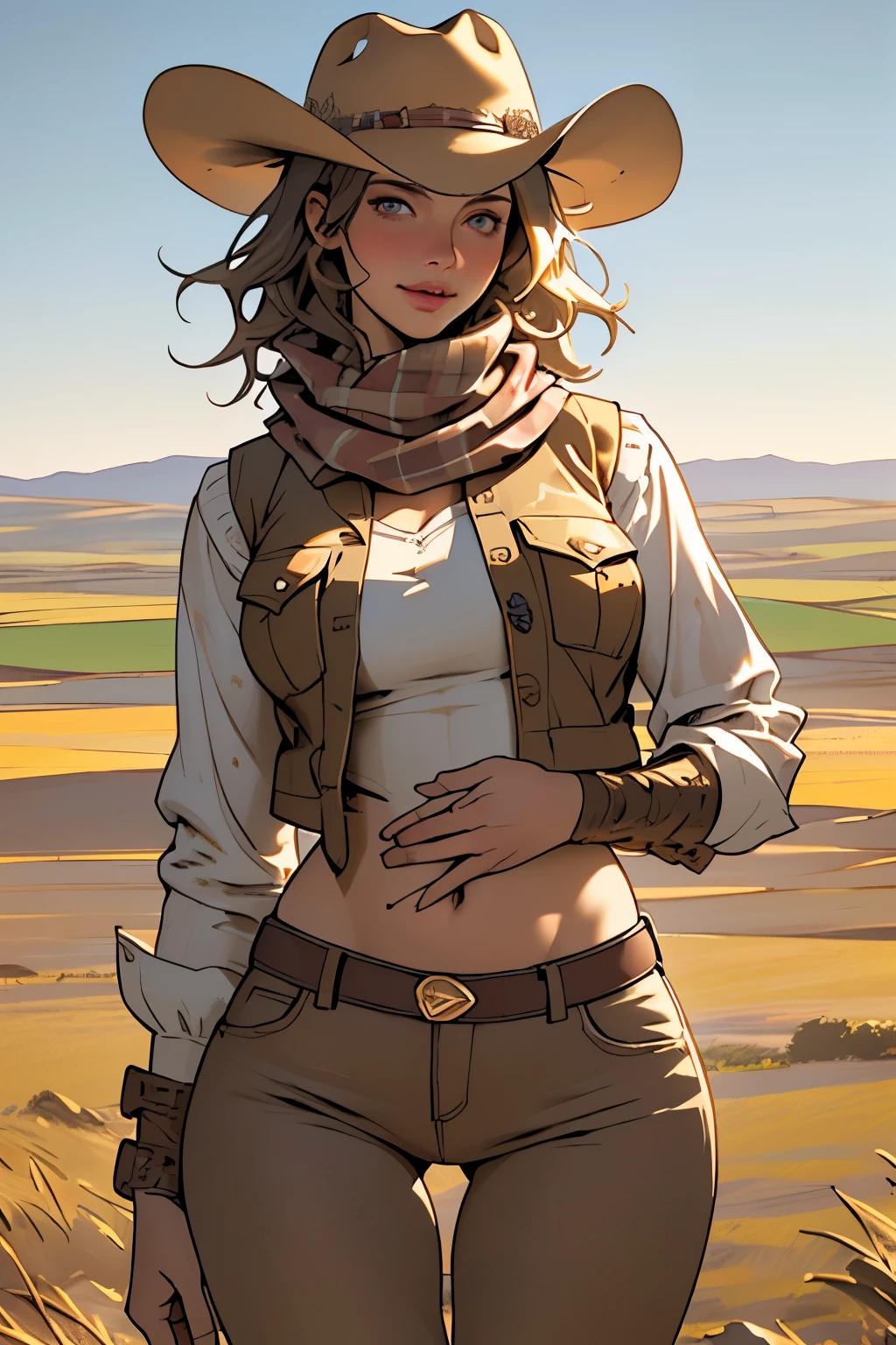 (highest quality, Super detailed, realistic:1.37), outdoor, girl, muddy, detailed and beautiful eyes, beautiful detailed lips, cowboy hat, vest with fringes, slim waist, round hips, shapely thighs, thigh gap, show belly, pants, scarf, With confidence, middle of chest, dusty farm landscape, golden hour lighting