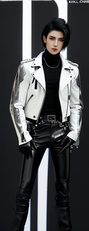 Final Fantasy-style graphics, young, Cute and cool Japanese boys, Thin eyebrows and big eyes, He is wearing a shiny white single-breasted leather jacket........。Biker style leather jacket、 with epaulettes, The jacket is zipped up, The jacket pockets are black., The jacket has a high stand-up collar with a belt, Also wearing a black turtleneck, Black Leather Pants, Thin black leather gloves on both hands, Black leather knee-high lace-up boots, Show me your whole body from head to toe, Final Fantasy Style、((good looking))、((good looking))、((Clear eyes and nose))、((Shiny white single leather jacket))、((The jacket must be white.))、((The jacket has epaulettes))、((Jacket has a high stand-up collar and belt))、((The jacket has a black pocket))、((Black turtleneck shirt))、((Black Leather Pants))、((Always wear shiny black leather gloves on both hands))、((Cover the entire fingers of both hands with gloves))、((Black lace-up leather long boots))、((View full-body images from a distance))、Realistic image quality and texture、In a small cell、close your eyes、A kind smile、((The front of the jacket is closed with a zipper))、((No exposed skin below the neck))、((Round face)、((Short Hair Style Edium Build))、((Upright posture))、((Don'Don't sit))