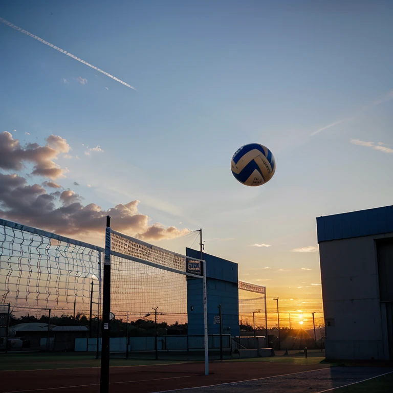 A volleyball going through the net, un atardecer de fondo