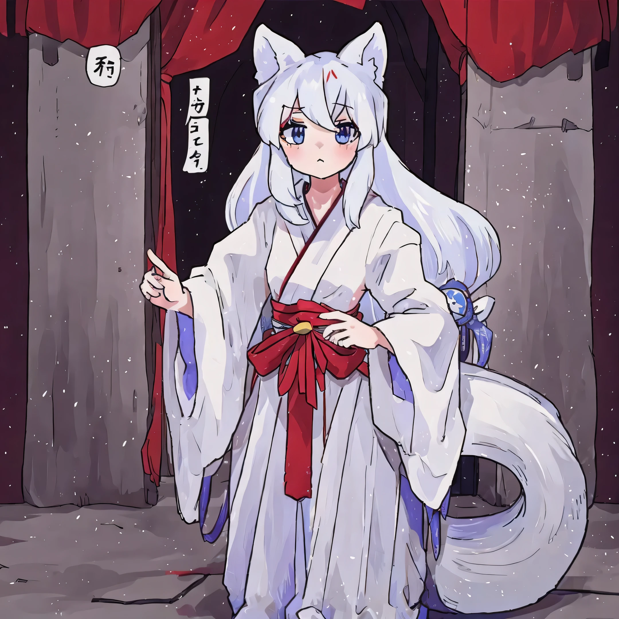 White fur kitsune girl, with blue and white shrine maiden costume, simple draw, no lights and shadow shadings 