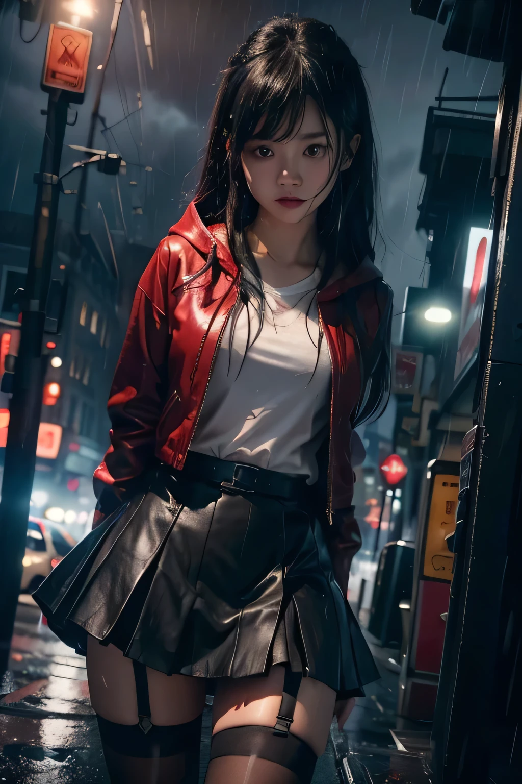 masterpiece, best quality, looking at viewer, facing viewer, bare legs, 1girl, solo, upper body, bow, serafuku, disgusted face, night time, heavy rain, outdoors, city, crop top, navel, wet clothes, drenched, overly long sleeves, hands in sleeves, blood tears, blood marks, dark alleyway, blood splattered on the ground, red bright light, glowing eyes, depth of field,holding a knife,red sky, atmofer,perfect hands