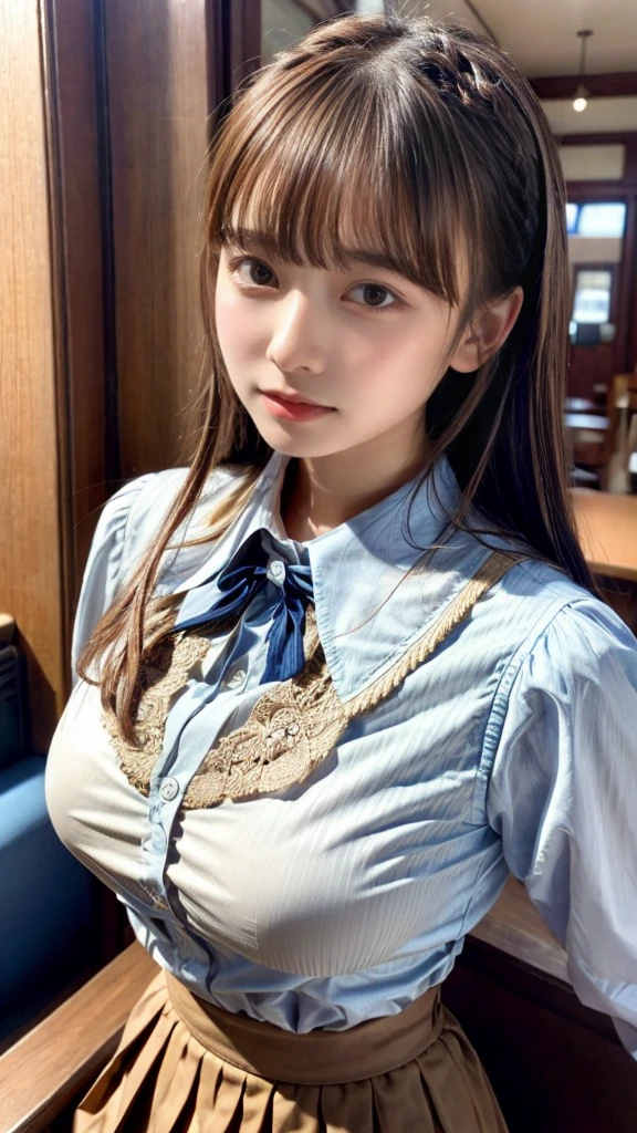 (From below:1),((1girl in)),Light Brown Fringe Hair、Braided hair、disheveled hair、(dignified expression)、(collared shirt, pleated skirt),(Big Tits)、Emphasize the valley、hotel room、(Photorealsitic)、(intricate detailes:1.2)、(masterpiece、:1.3)、(top-quality:1.4)、(超A high resolution:1.2)、超A high resolution、(A detailed eye)、(detailed facial features), crying a little、cold gaze, Harajuku style