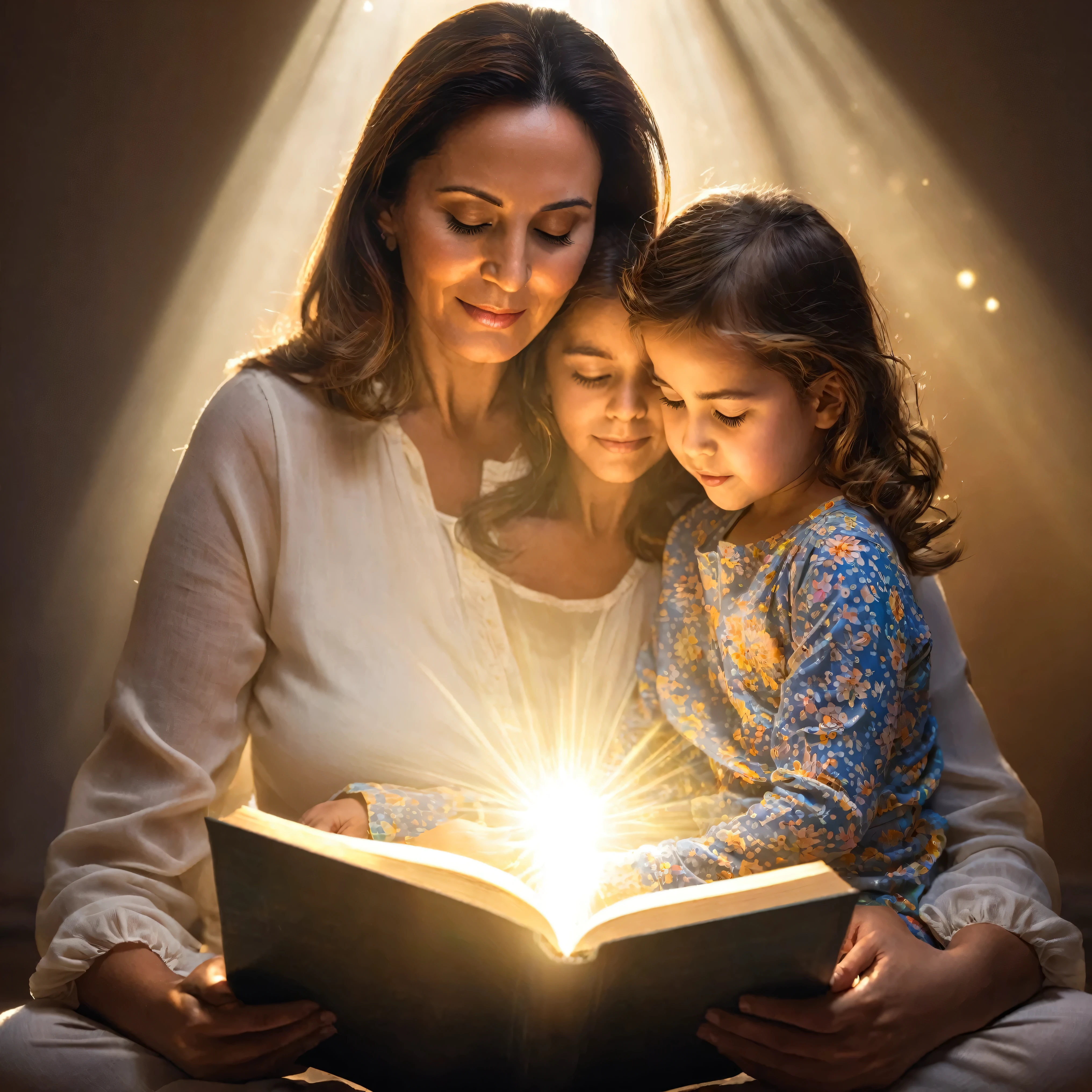 A mother is teaching her  to read a book, and from within the book, a bright light emerges, symbolizing that the mother is imparting knowledge for a bright future for her 