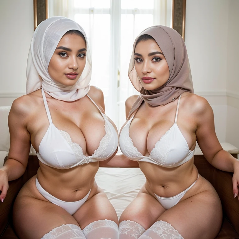 In a regal setting, two sexually attractive hourglass figure adult video star (hijabi) (Muslim) MILF sit side by side on a magnificent throne, radiating elegance and confidence. They share the same height and body proportions, creating a visually stunning image of unity and strength.

Both ladies wear white (lace hijabs), beautifully wrapped around their heads, framing their faces and accentuating their natural beauty. The delicate lace adds a touch of femininity and sophistication to their overall look.

Complementing their hijabs, both ladies wear white stockings string bra string thong that add a subtle hint of allure to their ensemble. The stockings enhance their elegant and poised posture, further highlighting their hourglass figures.

Their makeup is flawlessly applied, with striking red lips, voluminous mascara, captivating eye shadow, precise eyeliner, and luxurious lashes. These elements enhance their already mesmerizing features, drawing attention to their expressive eyes.

As they sit close to each other on the throne, they exude a sense of unity and sisterhood. Their presence showcases the beauty and strength of hijabi Muslim women, empowering others to embrace their identities and celebrate their unique beauty.

she is looking at viewer, skin texture, ultra high res, RAW, instagram LUT, masterpiece, best quality, ultra-detailed, ultra high resolution, RAW, 4k, (looking at viewer), extremely detailed eyes and face, ((beautiful detailed nose)), ((beautiful detailed thigh)), ((beautiful detailed eyes)), perfect body proportion,  (looking at the camera), seductive face, cheerful, happy, (thighhighs) (hijab) (SFW:1.5), (five fingers), detailed fingers, (string bikini), 