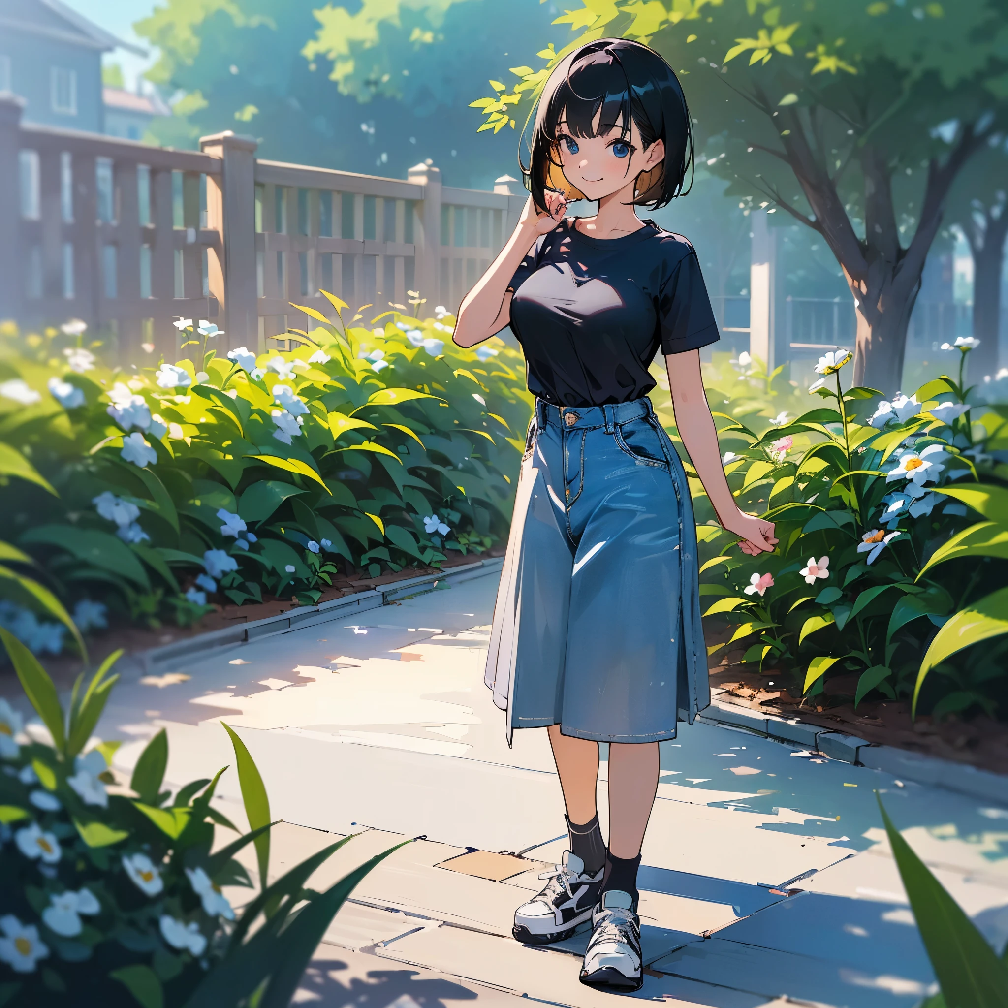 (high quality, High resolution, Very detailed, reality:1.37), Peaceful atmosphere, (Outdoor, garden), girl standing alone, (my breasts are big.), Beautiful detail features, Cute Smile, (Black bob hair), Short sleeve shirt, Denim skirt, Blue socks, sneakers.