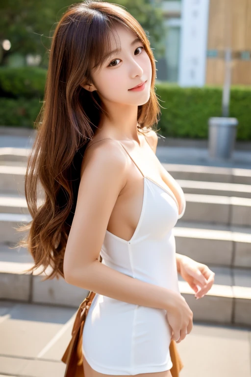 Beautiful Japanese Girl Height 170cm BShapely breasts with cups Smooth, white, beautiful skin Glossy chestnut-colored medium-long hair She takes off the miniskirt dress she was wearing with a neat and clean look. Full body image