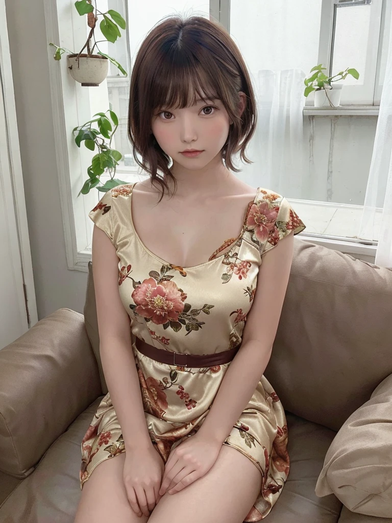alone,21 years old,One girl,Brown Hair,Sitting,Floral print,dress,Chinese clothing,china dress,curtain,short hair,Realistic,whole body,indoor,View your viewers,Natural lips,sofa,Chair,(Thin legs),Elegant girl,