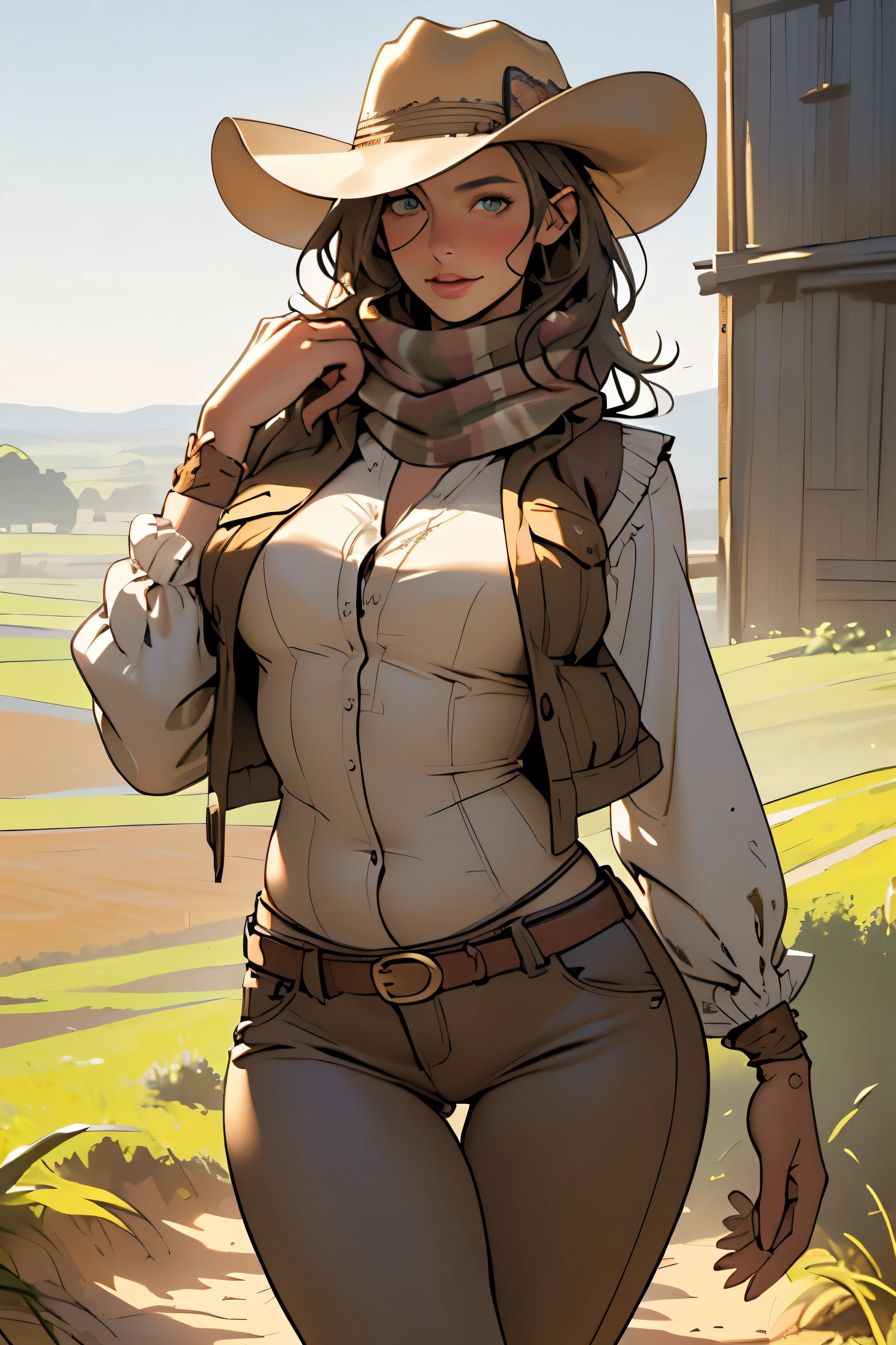 (highest quality, Super detailed, realistic:1.37), outdoor, girl, muddy, detailed and beautiful eyes, beautiful detailed lips, cowboy hat, vest with fringes, slim waist, round hips, shapely thighs, thigh gap, show belly, pants, scarf, With confidence, middle of chest, dusty farm landscape, golden hour lighting