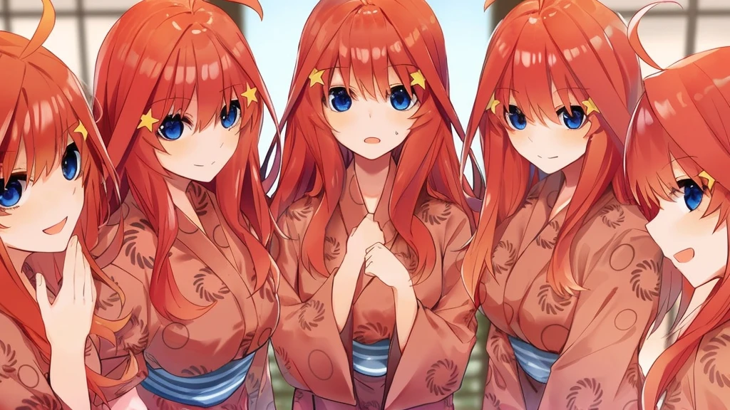 2d, masterpiece, best quality, anime, highly detailed, 5 girl, photo of 5 girl, quintuplets, nakano itsuki, red hair, long hair, star hair ornament, ahoge, large breasts, standing, onsen, barefoot, indoors, smile