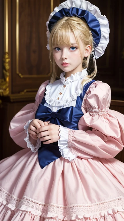 highest quality, masterpiece, Highest Resolution, artwork, super Get used to it, many become close, become close, Get used to it,woman, ((10 years old)),White skin European,高貴なwoman,((golden blonde)),(blue eyes),Wearing fancy clothes with frills and ribbons,((Lolita Fashion Midi Dress)),((Whole body image)),((Pink Dress)),Lots of red ribbons,Long sleeve,Ruffled bell sleeves,Lolita fashion with a bonnet and a big bun,