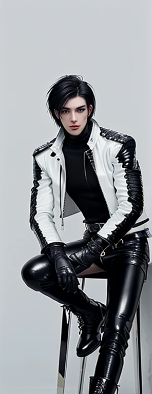 Final Fantasy-style graphics, young, Cute and cool Japanese boys, Thin eyebrows and big eyes, He is wearing a shiny white single-breasted leather jacket........。Biker style leather jacket、 with epaulettes, The jacket is zipped up, The jacket pockets are black., The jacket has a high stand-up collar with a belt, Also wearing a black turtleneck, Black Leather Pants, Thin black leather gloves on both hands, Black leather knee-high lace-up boots, Show me your whole body from head to toe, Final Fantasy Style、((good looking))、((good looking))、((Clear eyes and nose))、((Shiny white single leather jacket))、((The jacket must be white.))、((The jacket has epaulettes))、((Jacket has a high stand-up collar and belt))、((The jacket has a black pocket))、((Black turtleneck shirt))、((Black Leather Pants))、((Always wear shiny black leather gloves on both hands))、((Cover the entire fingers of both hands with gloves))、((Black lace-up leather long boots))、((View full-body images from a distance))、Realistic image quality and texture、In a small cell、close your eyes、A kind smile、((The front of the jacket is closed with a zipper))、((No exposed skin below the neck))、((Round face)、((Short Hair Style Edium Build))、((Upright posture))、((Don't sit))