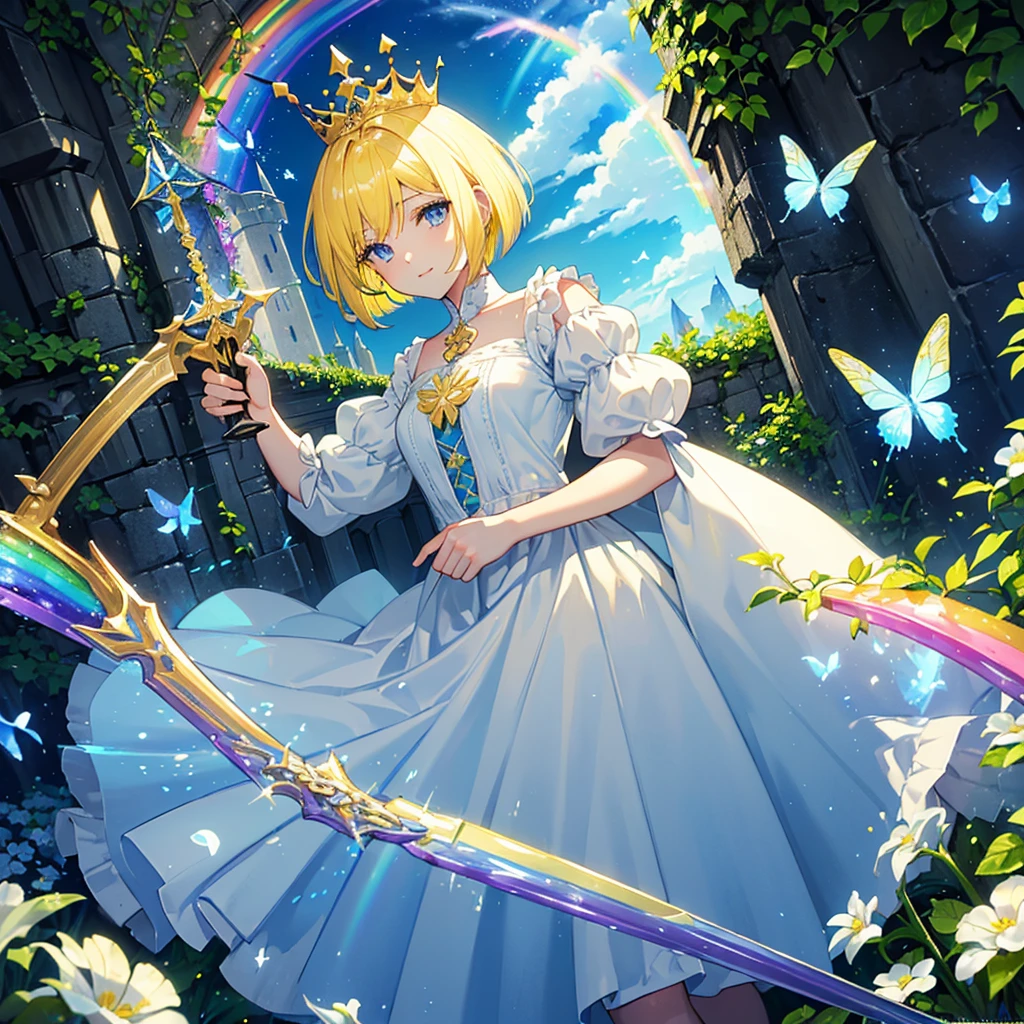((Yellow Hair Short Bob blue eyes Blue and white dress Lonely A rainbow appears)) ((Pull the sword from the stone like King Arthur white butterfly)) (Inside an abandoned castle Ivy Kindness) bright rain plant tears smile Blood splatter