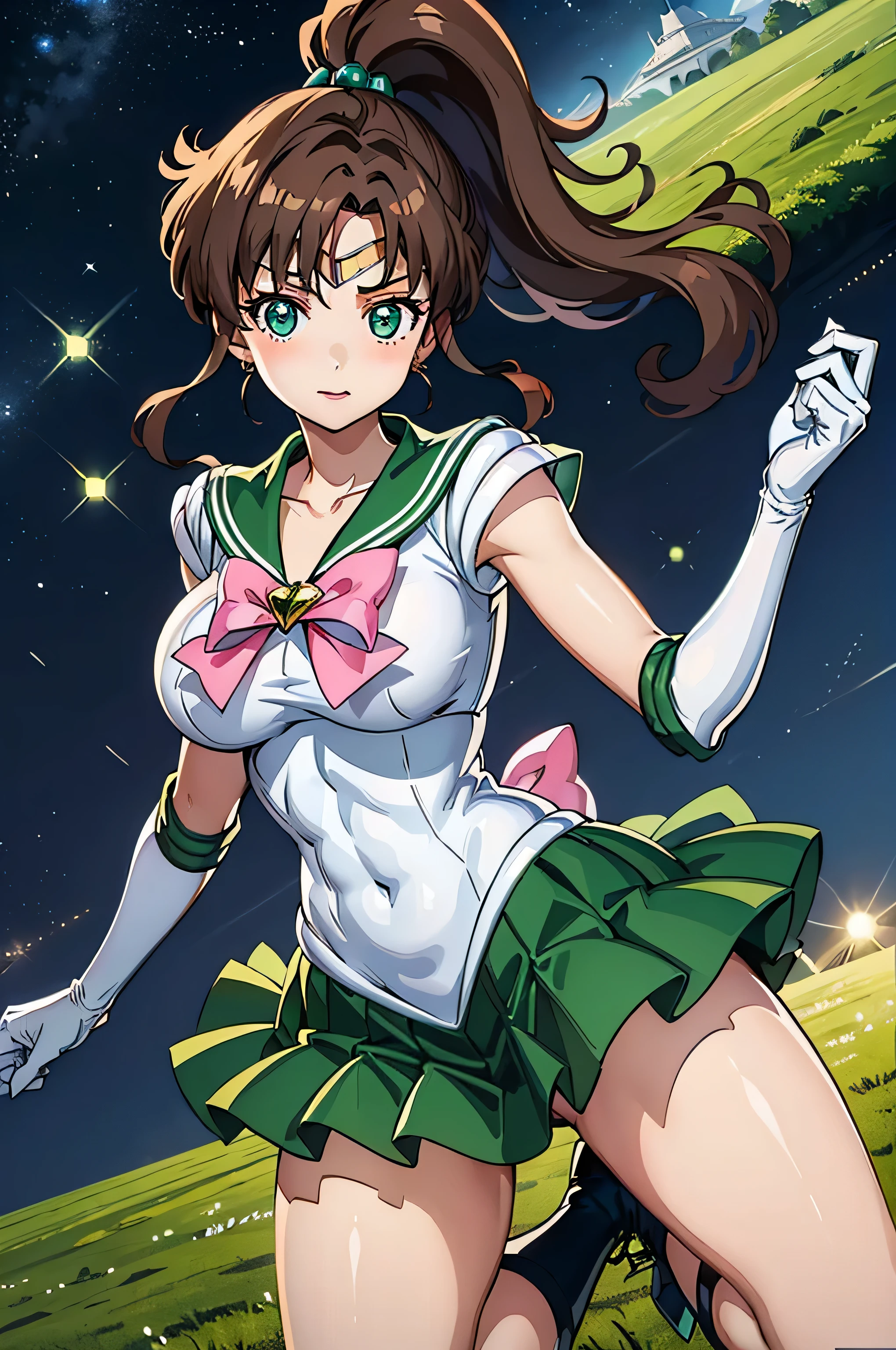 View your viewers, Have a look at this、Looking at the camera、Sailor Jupiter、Are standing、Hmph , Thigh opening、Spread your legs、Beautiful legs、Raise one leg、face exposed to light、Sparkling eyes、Vivid eyes、Clear contours、Clear contours、Clear contours、Detailed contours、blue eyes、Big eyes、Clear Eyes、Clear eyes、ponytail、Brown Hair、White leotard、White gloves、Long gloves、Pink Ribbon、Gold Tiara、Green Brooch、green sailor collar、Green mini skirt、Green pleated skirt、Green elbow pads、Green Boots、Sailor Moon、Laughter、Laughter、Proud face、Confident々face、Cute face,((Tabletop)),((highest quality)),Very detailed,Awareness-raising,Explicit,beautiful body,beautiful nose,beautiful character design,Perfect Eyes,Perfect face,wallpaper,超A high resolution,4K,photograph,(beautiful, Large Breasts:1.2),(beautiful face:1.2),(beautiful legs, Perfect Legs),Shiny skin,Official Style,One Girl,masterpiece、Best image quality、Detailed explanation、One Girl,Large Breasts、grassland、grass