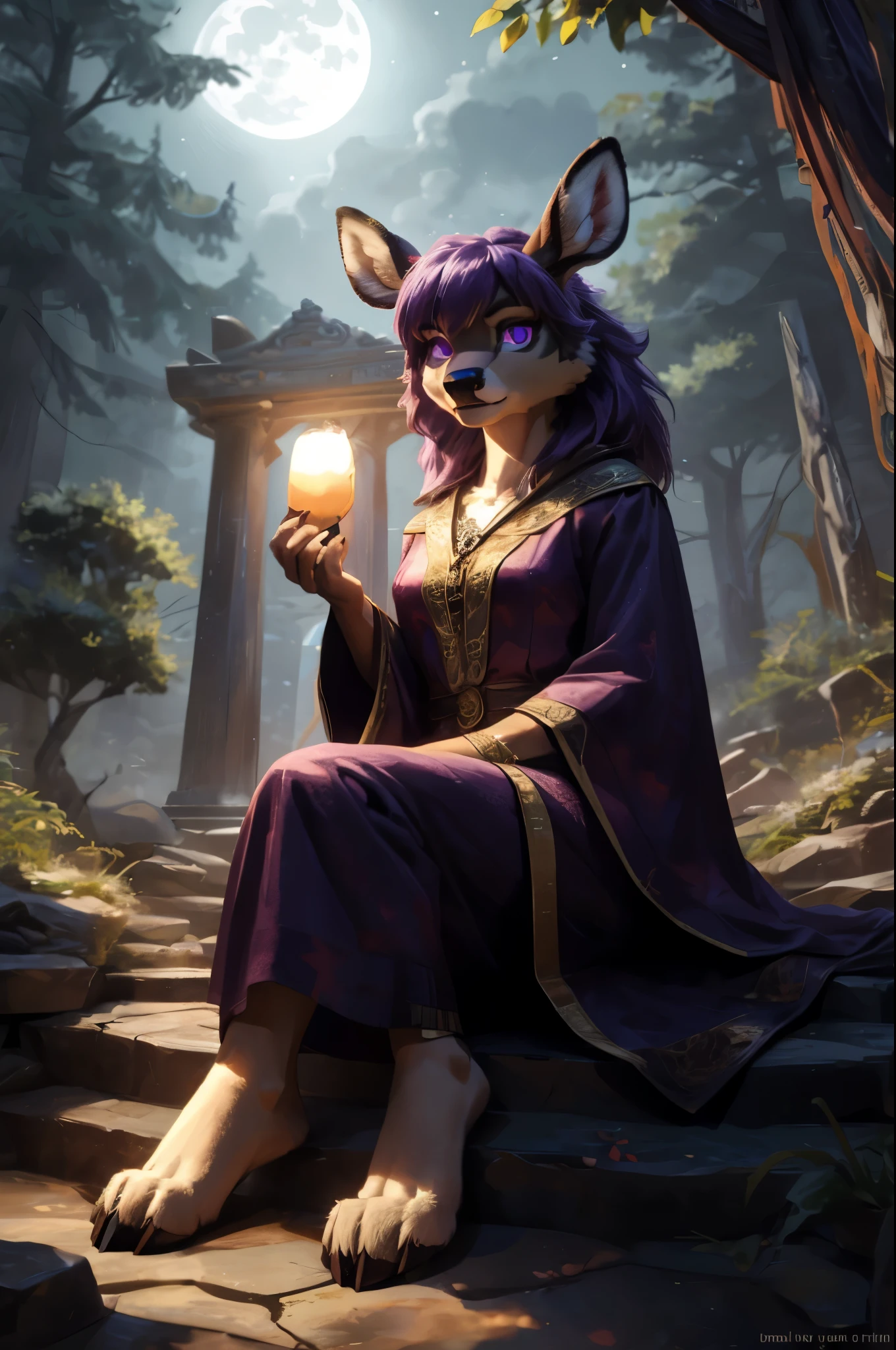 (((Barefoot furry character, full body, cinematic setting, furry female, plantigrade))) 

graceful and enigmatic ((deer)) anthro with deep ((purple fur)) and captivating ((violet eyes)). Dressed in flowing, dark robes with belladonna flower motifs. The figure sits barefoot and showing ((nice feet soles)) in a moonlit forest surrounded by eerie nightshade plants, with ripe berries and ethereal moonlight casting shadows. The atmosphere evokes mystery and danger.

BREAK, detailed background, 8K, (masterpiece:1.5), intricate details, highly detailed, extreme detail, octane render, fine art, best quality, highres, (detailed face:1.5), ((full_body)), UHD, (((perfect hands))), low light