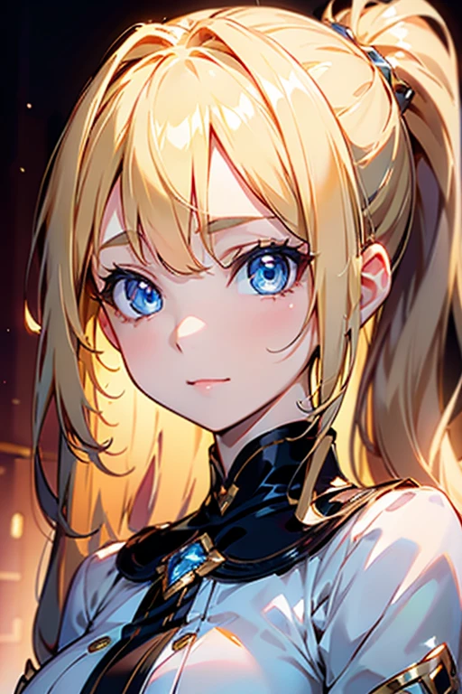 Portrait、、Bright expression、ponytail、Young, shiny, white, glossy skin、Gloss Face、Shining Cheek Gloss、Small Face Beauty、The best beauty、The dazzling light of blonde hair、Bright blonde hair with dazzling highlights、Very beautiful shiny light blonde hair、super long silky straight hair、Her shiny, beautiful bangs are covering her eyes.、Sparkling, clear, attractive, bright, large, pale blue eyes、Very big eyes、eyeliner、very beautiful lovely cute 16 year old girl、Ample Bust, full body