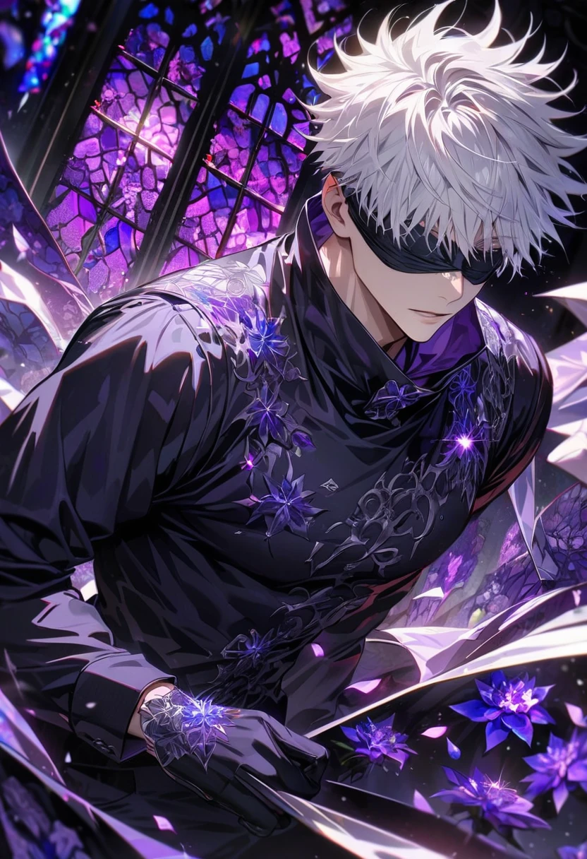 Ultra detailed, HDR, Highres, absurdres, master piece, Gojou Satoru, blindfolded eyes, white hair with bangs, Jujutsu Kaisen, patterns, black tight shirt, purple stained glass, purple ice, petals, purple ice flowers, sexy man, solo, extremely detailed face and eyes, extremely handsome, glittering, toned chest, purple glass, black gloves,