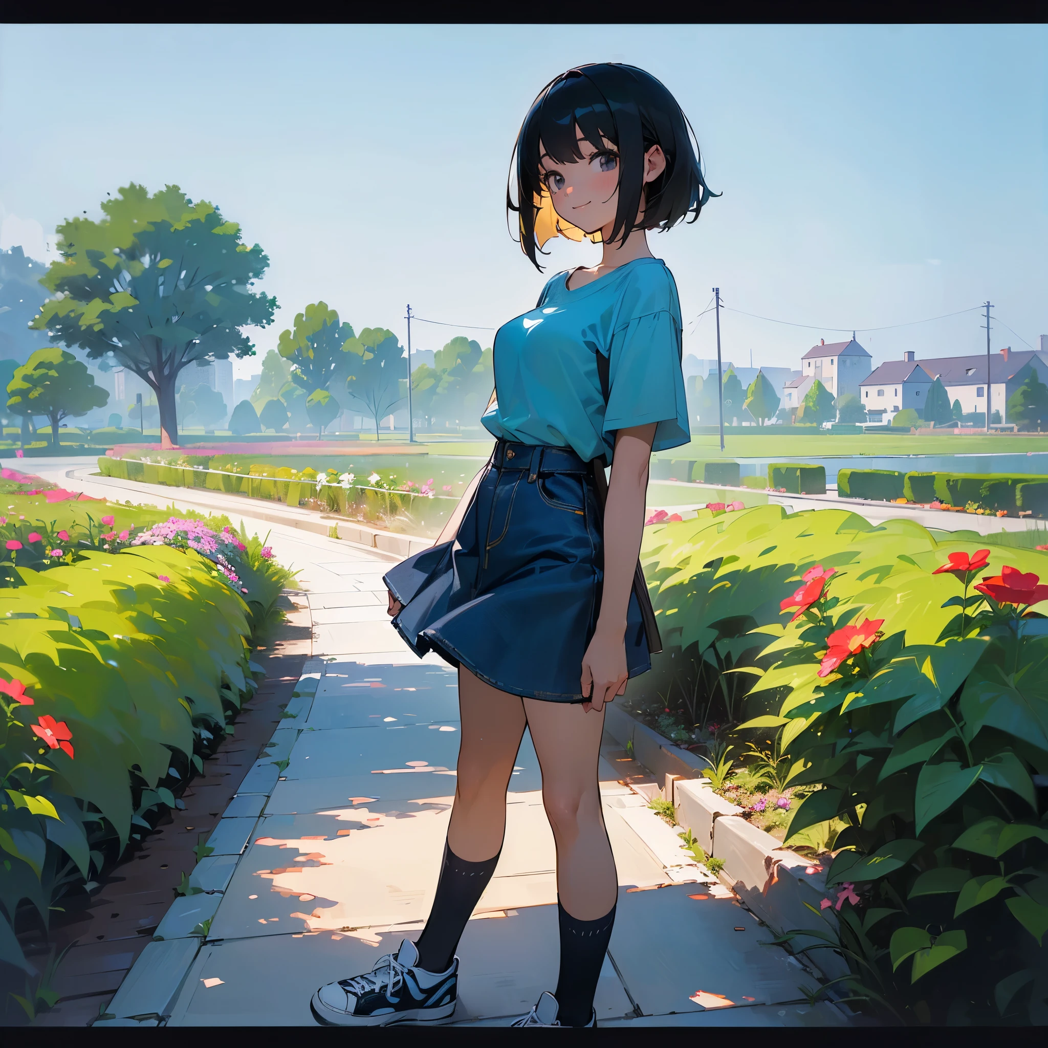 (high quality, High resolution, Very detailed, reality:1.37), Peaceful atmosphere, (Outdoor, garden), girl standing alone, (my breasts are big.), Beautiful detail features, Cute Smile, (Black bob hair), Short sleeve shirt, Denim skirt, Blue socks, sneakers.