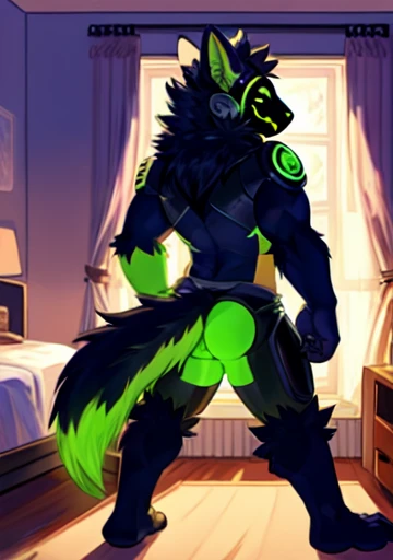 Protogen, (black fur with some green strands of fur) , bedroom, happy, male, 8 foot 0, standing, looking at viewer, muscular, (big ass), back view, naked, pulling down green glowing underwear, green glowing balls, bending over,