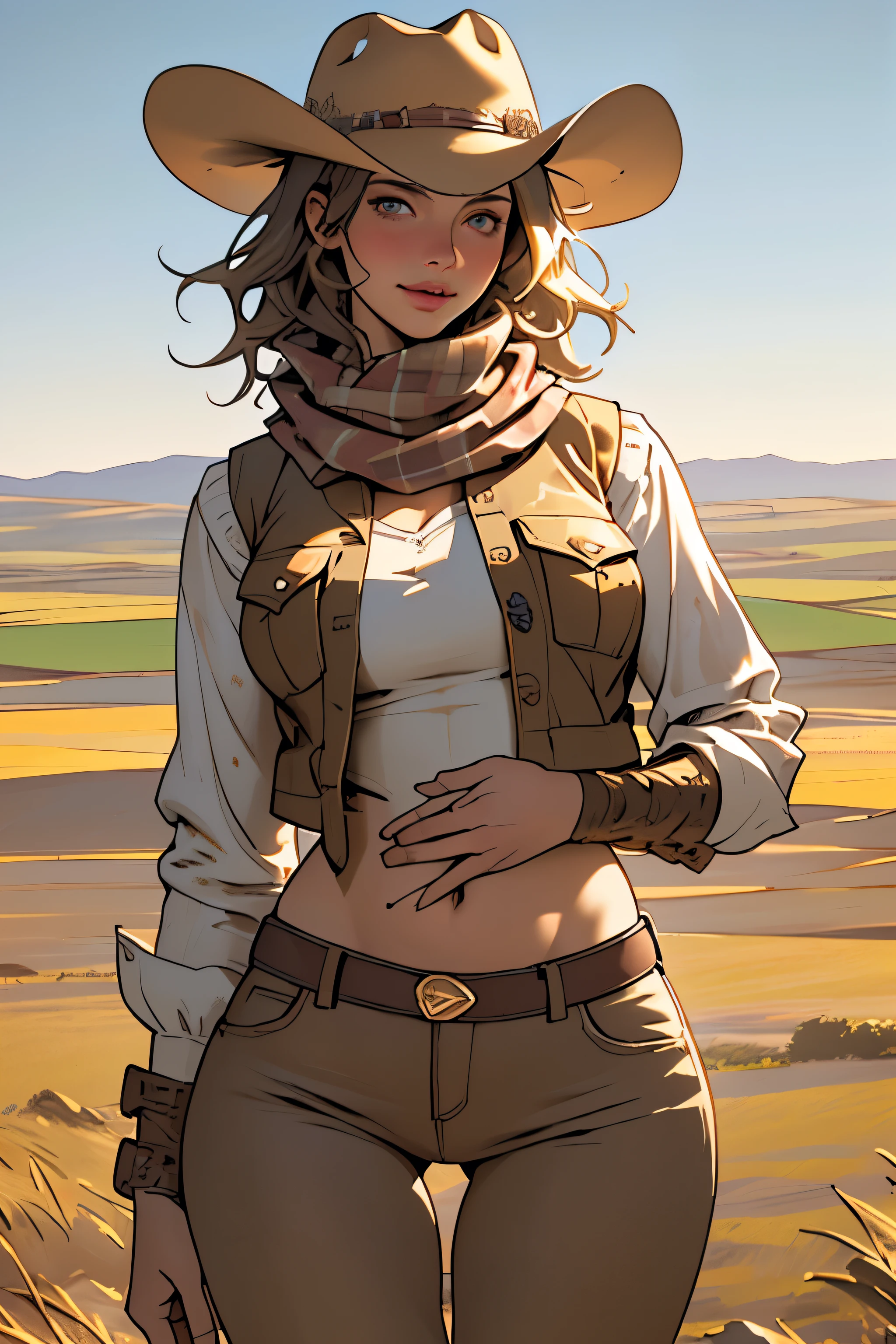 (highest quality, Super detailed, realistic:1.37), outdoor, girl, muddy, detailed and beautiful eyes, beautiful detailed lips, cowboy hat, vest with fringes, slim waist, round hips, shapely thighs, thigh gap, show belly, pants, scarf, With confidence, middle of chest, dusty farm landscape, golden hour lighting
