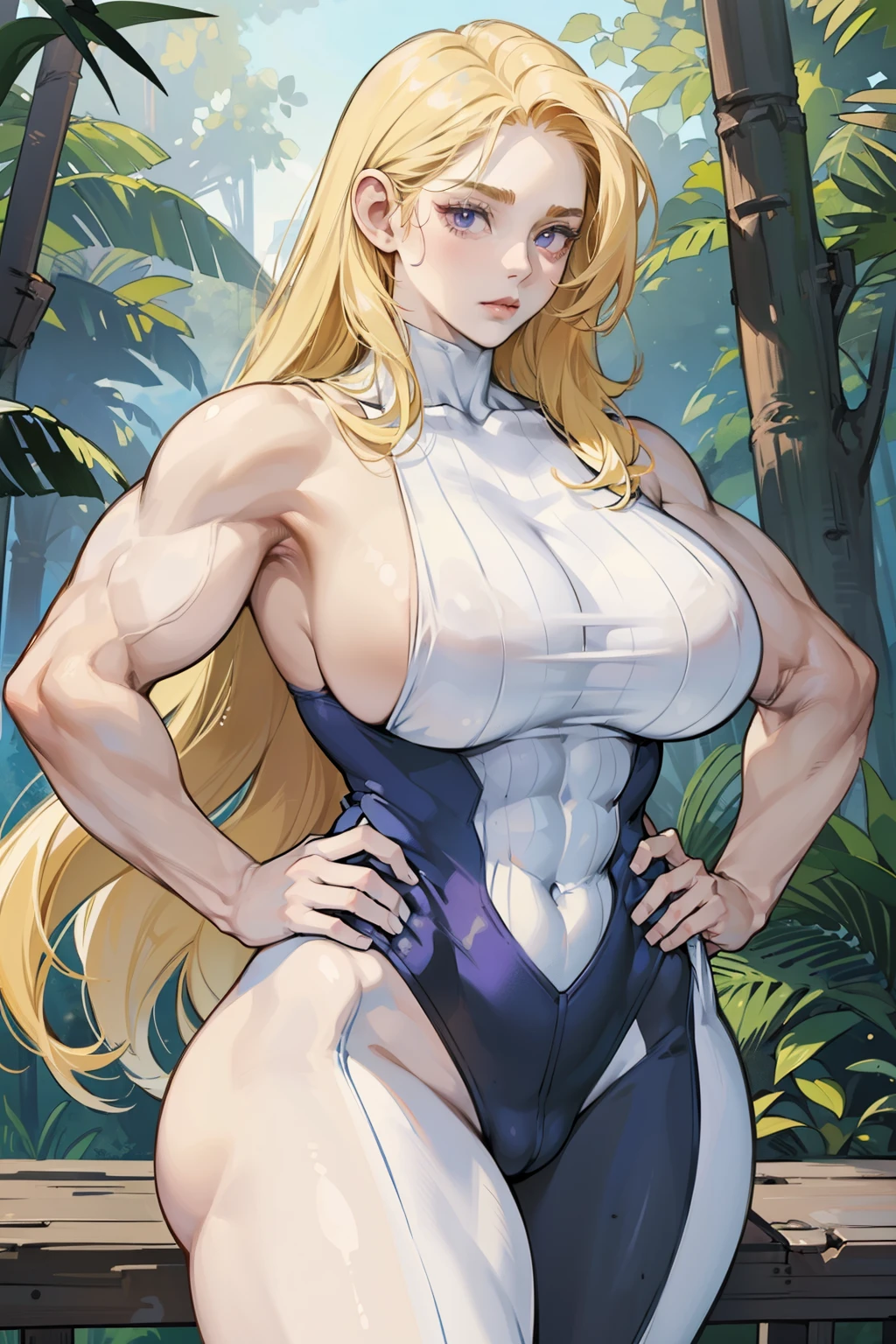 (((((One girl with pure white skin, Muscular))))), ((Thick thighs, Very large breasts, Very long hair、Strong body、全naked), Blonde, alone, Glowing Skin, It was foggy, ,Bridge pier, Bristles,Are standing、big body woman、naked,Strong body、pubic hair,Muscular in the forest,Composition from the front,muscular and wide hips,muscular and wide torso,Muscular and wide body,Thick, muscular arms,Thick, muscular legs,Muscular and broad shoulders,Bodybuilder,Beautiful woman,Large Breasts,Long and saggy breasts,,Deep purple eyes,Woman with beautiful face,Expressionless,Hairstyle with forehead exposed,,Strong Woman,Hands on hips,Directly in front of the viewer,Bodysuits,leotard,,,,,,