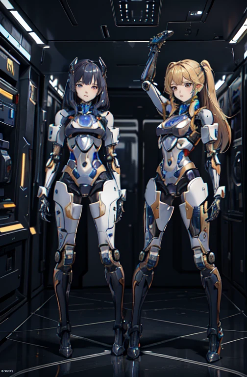 Mother and daughter turned into robots　One is middle-aged　One is young　The head remains human　Hair is blonde　Fuselage is completely mechanical　Similar body　Feet shaped like high heels　Full-length statues standing side by side