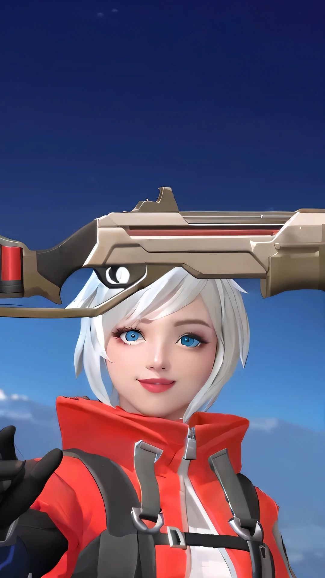 a close up of a person holding a gun on a pole, ashe, echo from overwatch, overwatch style, from overwatch, overwatch inspired, as an overwatch character, overwatch skin, ashe from overwatch, aiming, as overwatch character, overwatch design, halfbody headshot, character close up, jett from valorant, inspired by Leng Mei, shooting pose, overwatch character