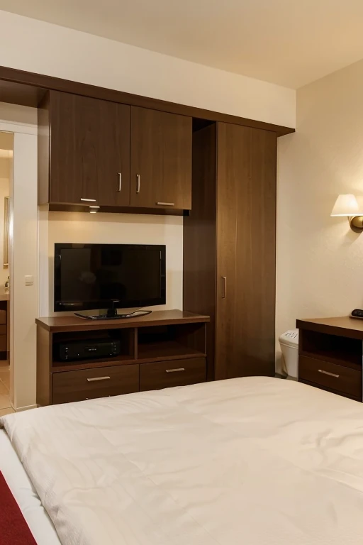 UNA HABITACION DE HOTEL CON CAMA MATRIMONIAL, CLOSET GRANDE, COMEDOR Y UNA TELEVISION