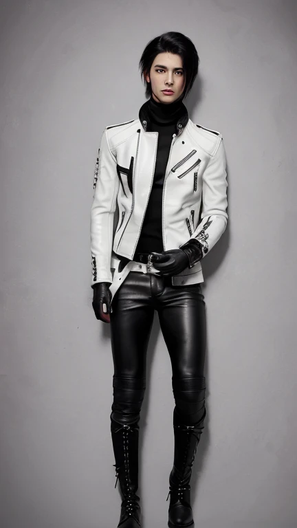 Final Fantasy-style graphics, Young, cute and cool Japanese boy, Thin eyebrows and beady eyes, He is wearing a shiny off-white leather single-breasted jacket.。., with epaulettes, The jacket is zip-up, The pattern on the jacket is made of small black lines.., The jacket has a high stand-up collar with a belt, Black turtleneckも着用, Black Leather Pants,tight, Thin black leather gloves on both hands, Black leather knee-high lace-up boots,show, show head-to-toe, whole body, Final Fantasy Style、good looking、Clear eyes and nose、((White single leather jacket))、((The jacket has long sleeves))、Black turtleneck、((Black Leather Pants))、((Black leather gloves on both hands))、((Black lace-up leather long boots))、((Head-to-toe view))、Bright image quality、Photo-realistic image quality and textures、((upright))