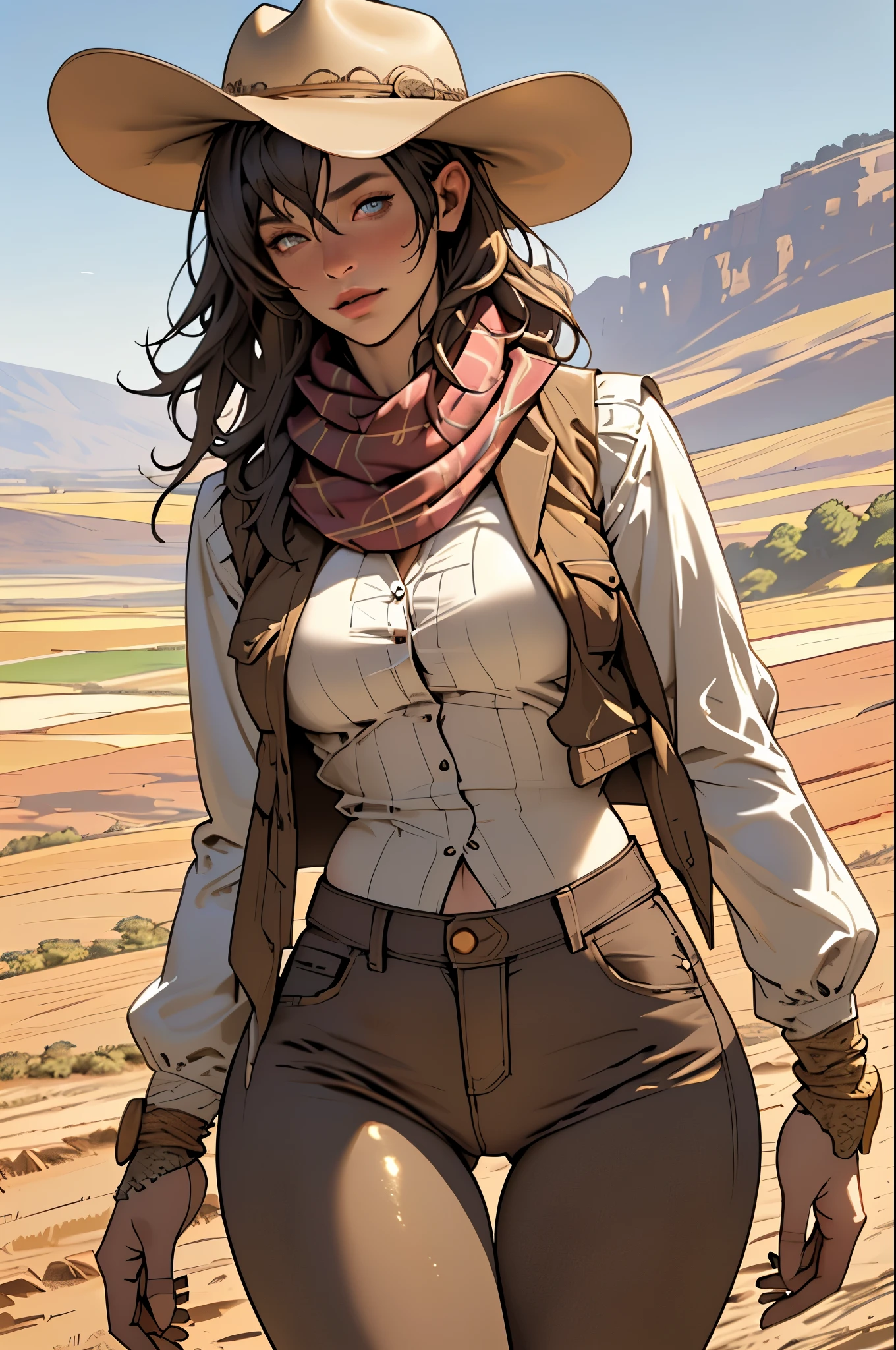 (highest quality, Super detailed, realistic:1.37), outdoor, girl, muddy, detailed and beautiful eyes, beautiful detailed lips, cowboy hat, vest with fringes, slim waist, round hips, shapely thighs, thigh gap, show belly, pants, scarf, With confidence, middle of chest, dusty farm landscape, golden hour lighting