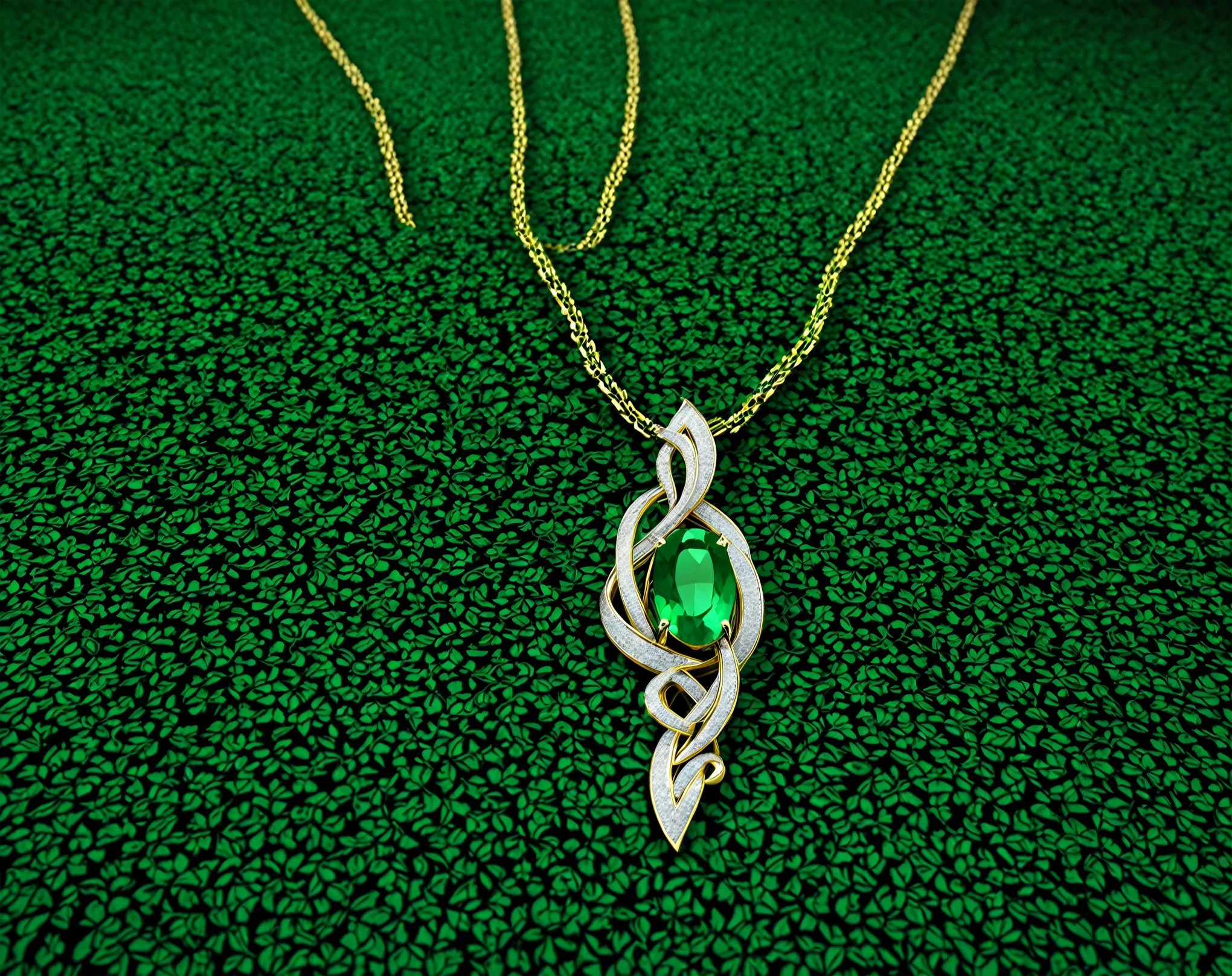 "Generate a high-resolution digital image sized 1600 by 2400 pixels showcasing a luxurious emerald necklace displayed against a backdrop of rich velvet fabric. The emerald necklace should be depicted with intricate detail, capturing the brilliance of each emerald and the ornate design of the setting. Soft, diffused lighting should highlight the vivid green hue of the emeralds and cast subtle shadows, enhancing the three-dimensional quality of the image. The velvet fabric should be rendered with texture and depth, adding to the sense of opulence and sophistication. The composition should exude a cinematic quality, with dynamic framing and angles that draw the viewer's eye to the radiant centerpiece. The overall mood should convey a sense of timeless elegance and allure, inviting the viewer to immerse themselves in the luxurious world of the emerald necklace."