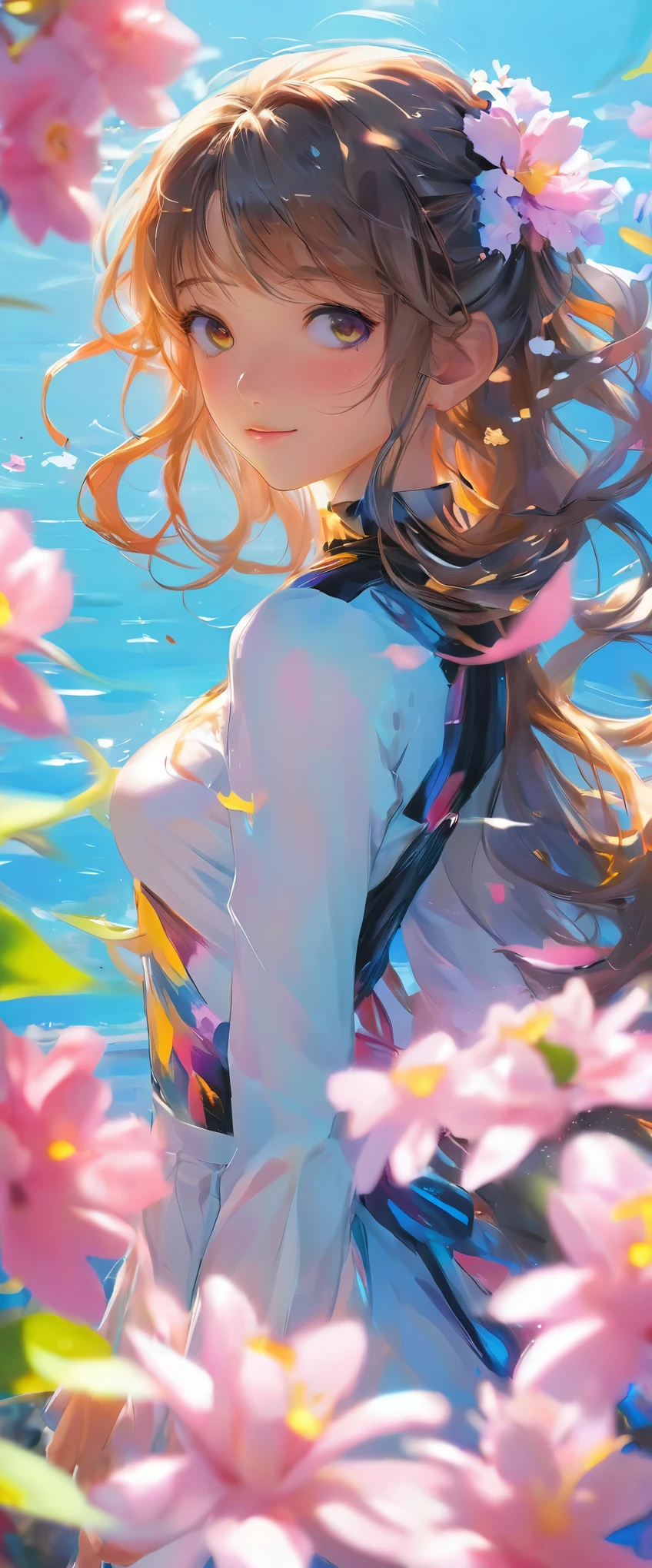 masterpiece、best quality、Evangelion、pilot、A girl、Plug set、Tomorrow&#39;s Land、Hair swaying gently in the breeze、Brown eyes full of life、Long hair tied with a hair tube、People with smaller breasts、Abstract Background、Blue background reflecting calm water surface、Pink background of blooming flowers、Radiate warm background、The polka dot background adds a playful touch、 アスカラングレーがEvangelion初号機に搭乗してる高画質画像